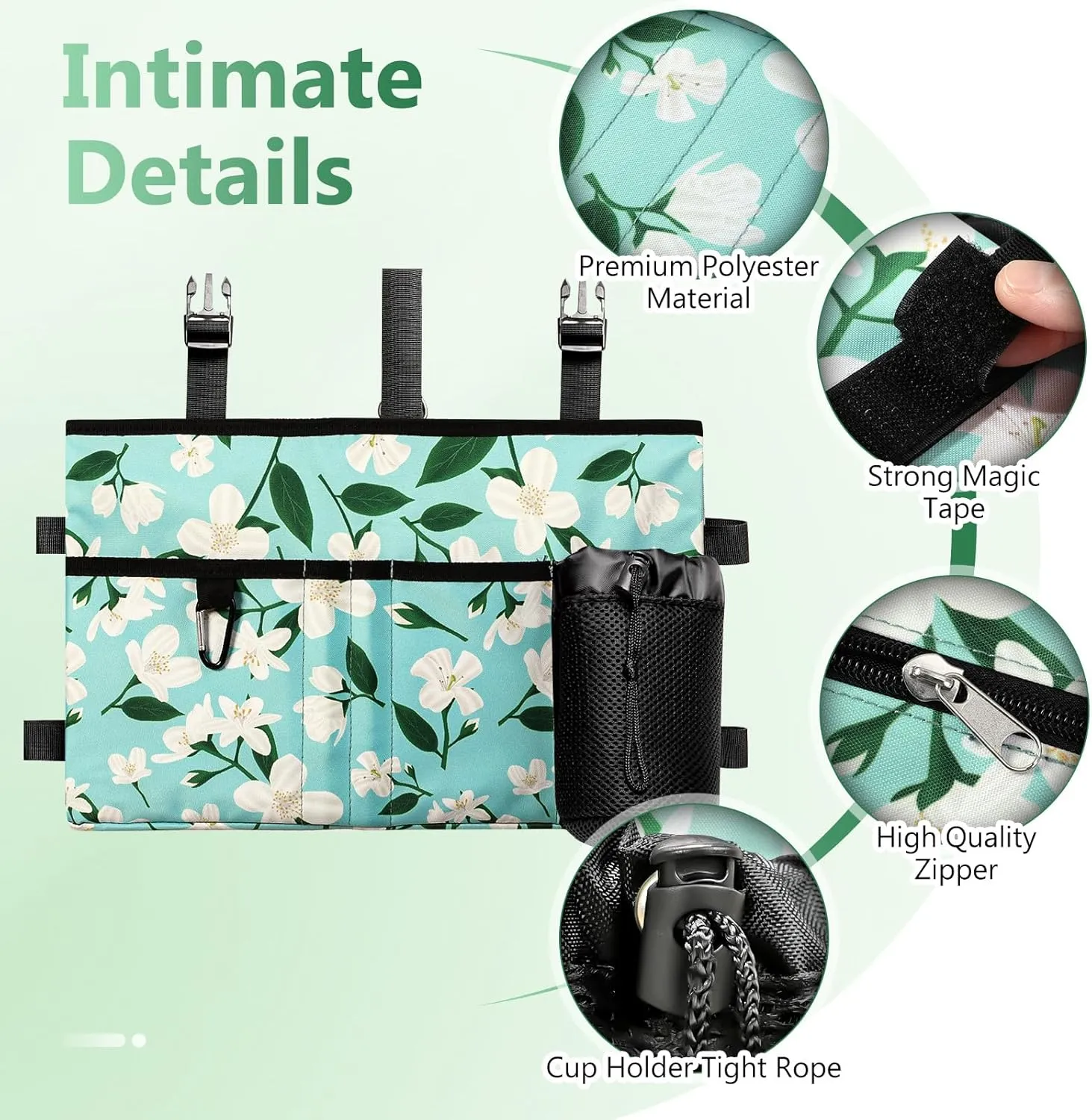 Rhino Valley Walker Bag, Multi Pockets Folding Walker Basket Tote Bag with Cup Holder, Hand-free Carry Pouch Storage Bag for Universal Walkers, Large Capacity Organizer for Seniors Elderly, Flower
