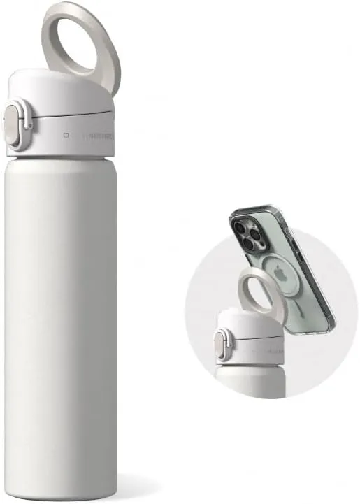 RHINOSHIELD AquaStand Magnetic Bottle 23 oz | Round Mouth Stainless Steel Insulated Water Bottle, Sport Bottle with MagSafe Compatible Handle, Tripod with Adjustable Angles, Leak Proof - Classic White