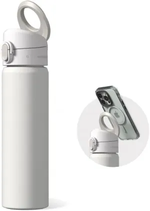 RHINOSHIELD AquaStand Magnetic Bottle 23 oz | Round Mouth Stainless Steel Insulated Water Bottle, Sport Bottle with MagSafe Compatible Handle, Tripod with Adjustable Angles, Leak Proof - Classic White