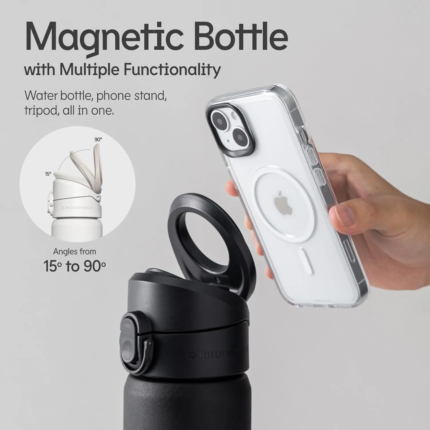 RHINOSHIELD AquaStand Magnetic Bottle 23 oz | Round Mouth Stainless Steel Insulated Water Bottle, Sport Bottle with MagSafe Compatible Handle, Tripod with Adjustable Angles, Leak Proof - Classic White