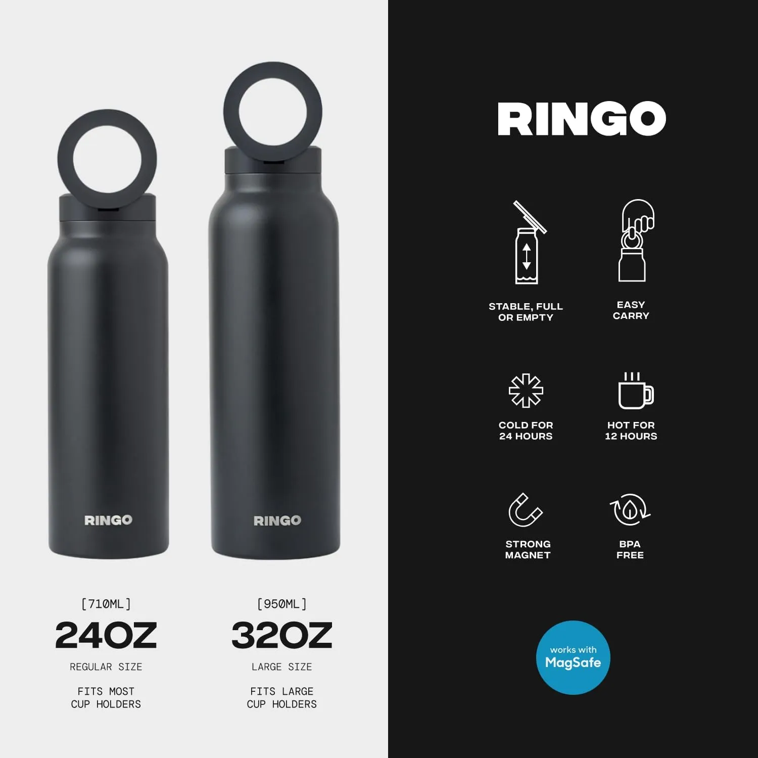 Ringo Insulated Water Bottle | Compatible MagSafe Water Bottle With Phone Holder | Stainless Steel Water Bottle With Magnetic Phone Tripod Mount | Hot for 12H, Cold for 24H, 360° Rotate - Black 24oz