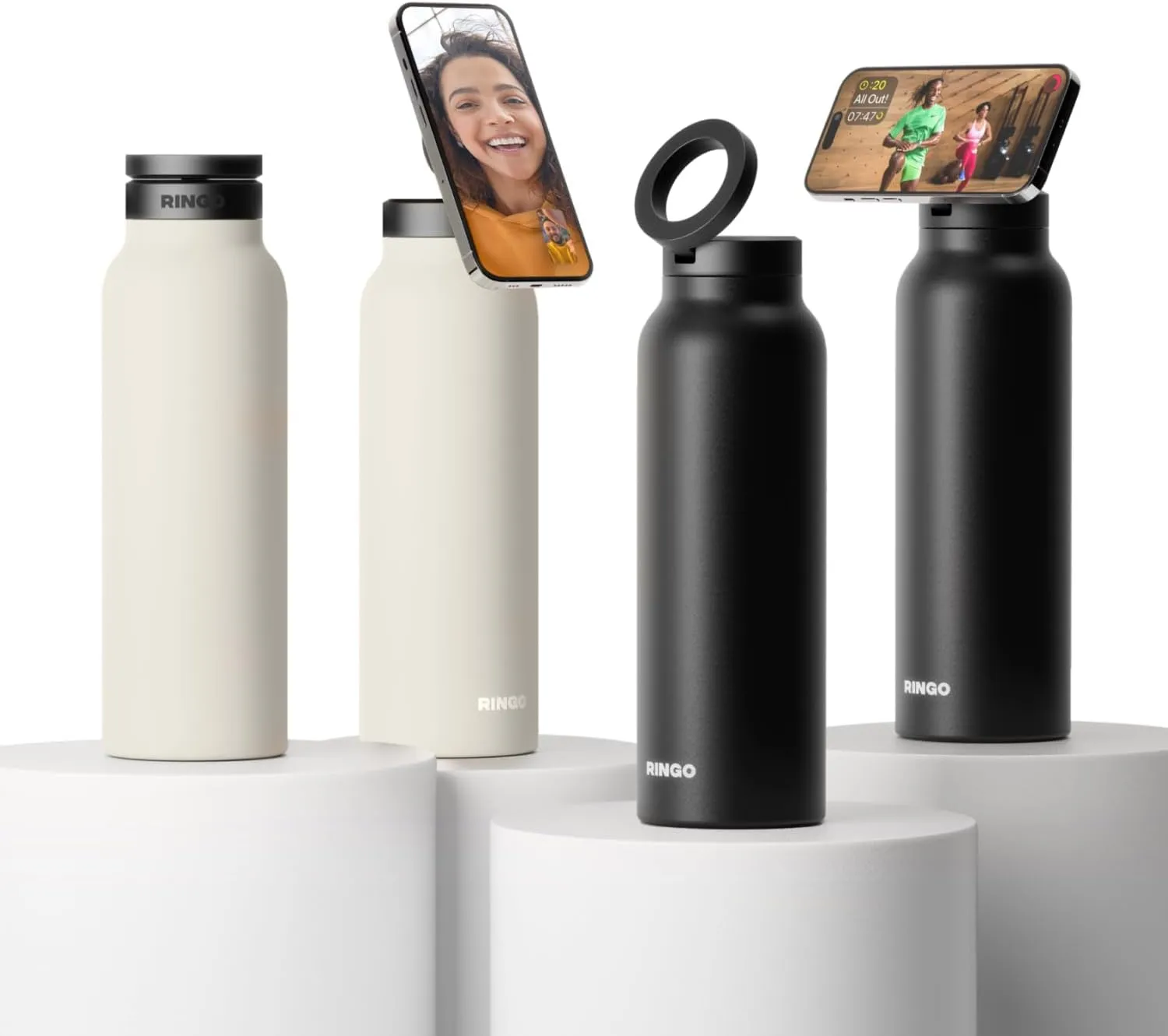 Ringo Insulated Water Bottle | Compatible MagSafe Water Bottle With Phone Holder | Stainless Steel Water Bottle With Magnetic Phone Tripod Mount | Hot for 12H, Cold for 24H, 360° Rotate - Black 24oz