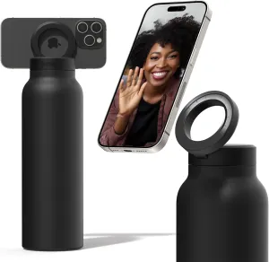Ringo Insulated Water Bottle | Compatible MagSafe Water Bottle With Phone Holder | Stainless Steel Water Bottle With Magnetic Phone Tripod Mount | Hot for 12H, Cold for 24H, 360° Rotate - Black 24oz