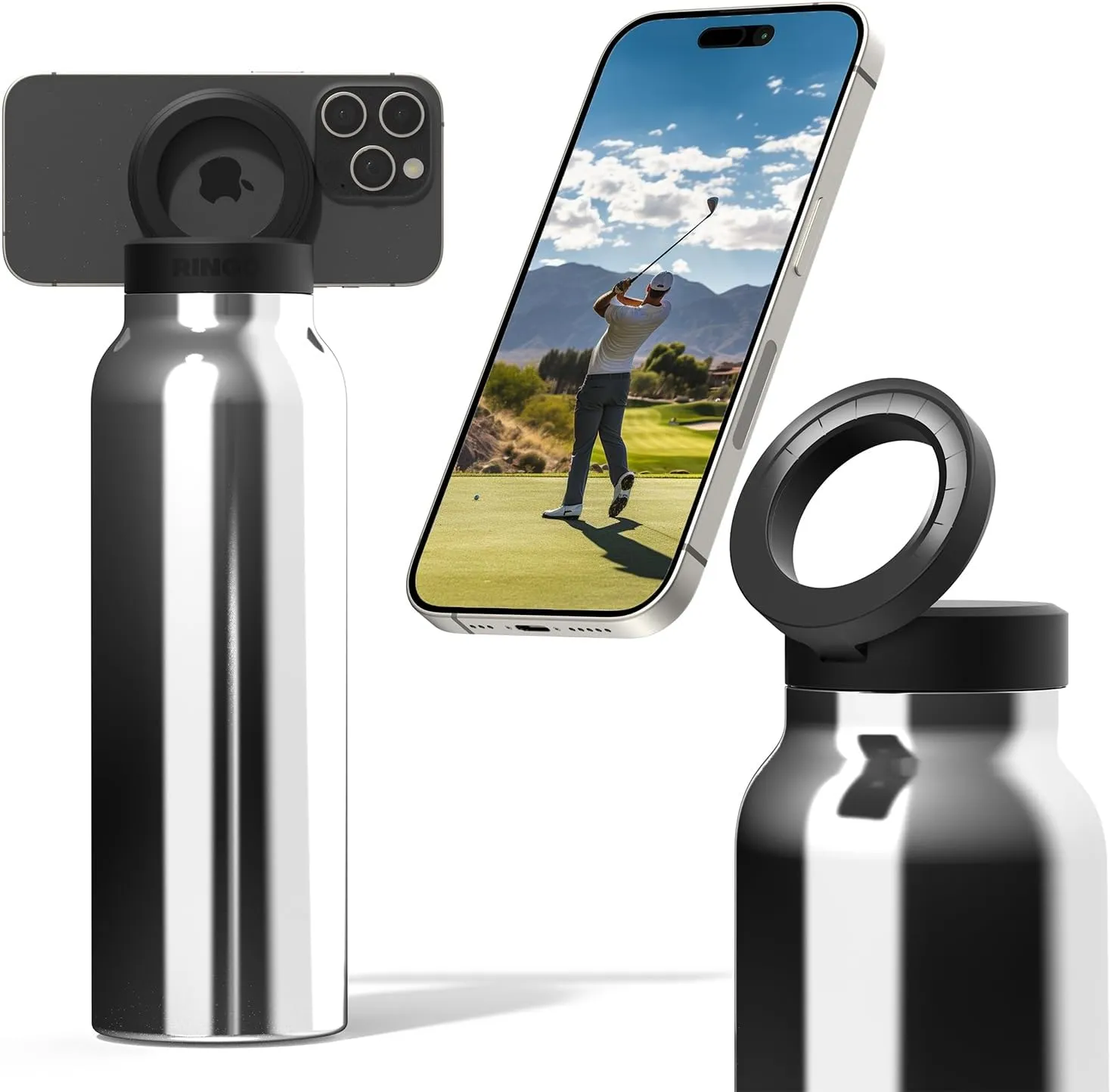 Ringo Insulated Water Bottle | Compatible MagSafe With Phone Holder | Stainless Steel Water Bottle With Magnetic Phone Tripod Mount | Hot 12H, Cold 24H, 360° Rotate - Stainless Steel 24oz