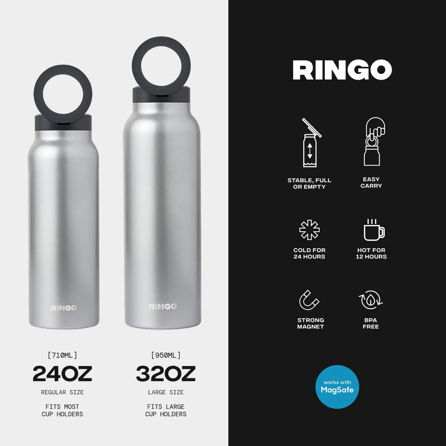 Ringo Insulated Water Bottle | Compatible MagSafe With Phone Holder | Stainless Steel Water Bottle With Magnetic Phone Tripod Mount | Hot 12H, Cold 24H, 360° Rotate - Stainless Steel 24oz
