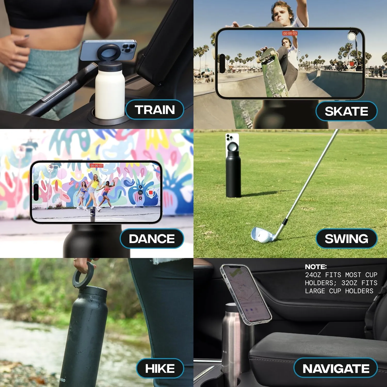 Ringo Insulated Water Bottle | Compatible MagSafe With Phone Holder | Stainless Steel Water Bottle With Magnetic Phone Tripod Mount | Hot 12H, Cold 24H, 360° Rotate - Stainless Steel 24oz