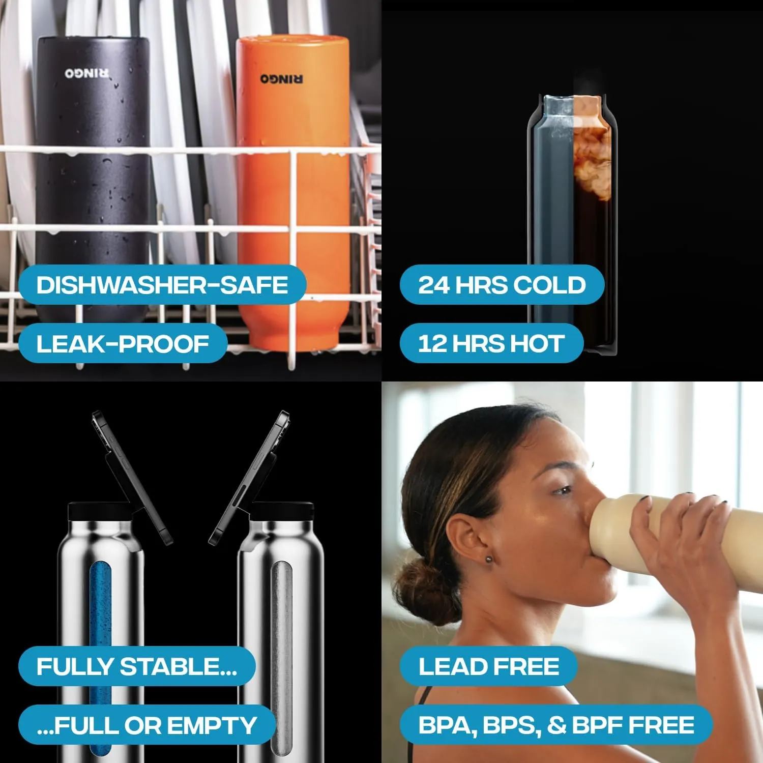 Ringo Insulated Water Bottle | Compatible MagSafe With Phone Holder | Stainless Steel Water Bottle With Magnetic Phone Tripod Mount | Hot 12H, Cold 24H, 360° Rotate - Stainless Steel 24oz