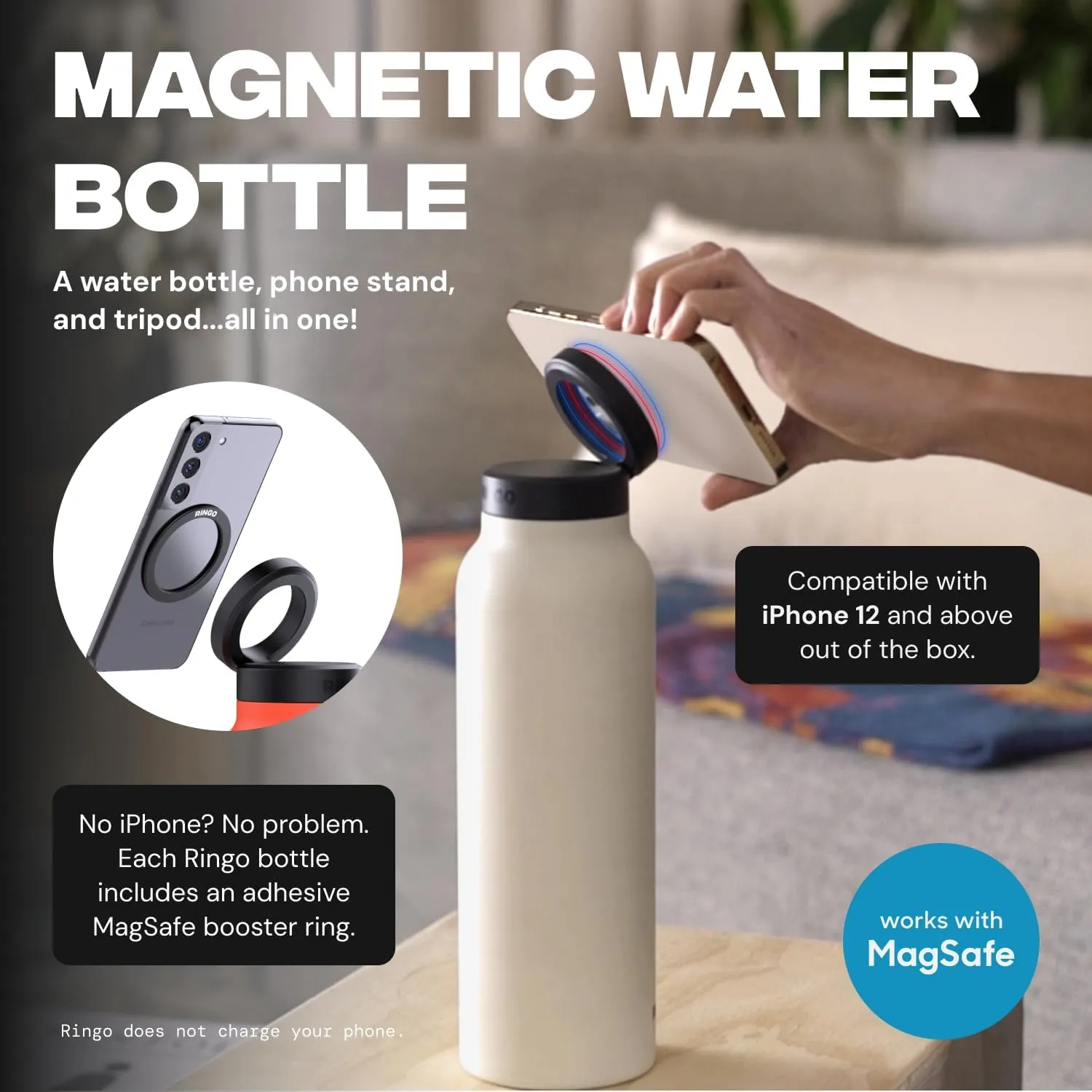 Ringo Insulated Water Bottle | Compatible MagSafe With Phone Holder | Stainless Steel Water Bottle With Magnetic Phone Tripod Mount | Hot 12H, Cold 24H, 360° Rotate - Stainless Steel 24oz