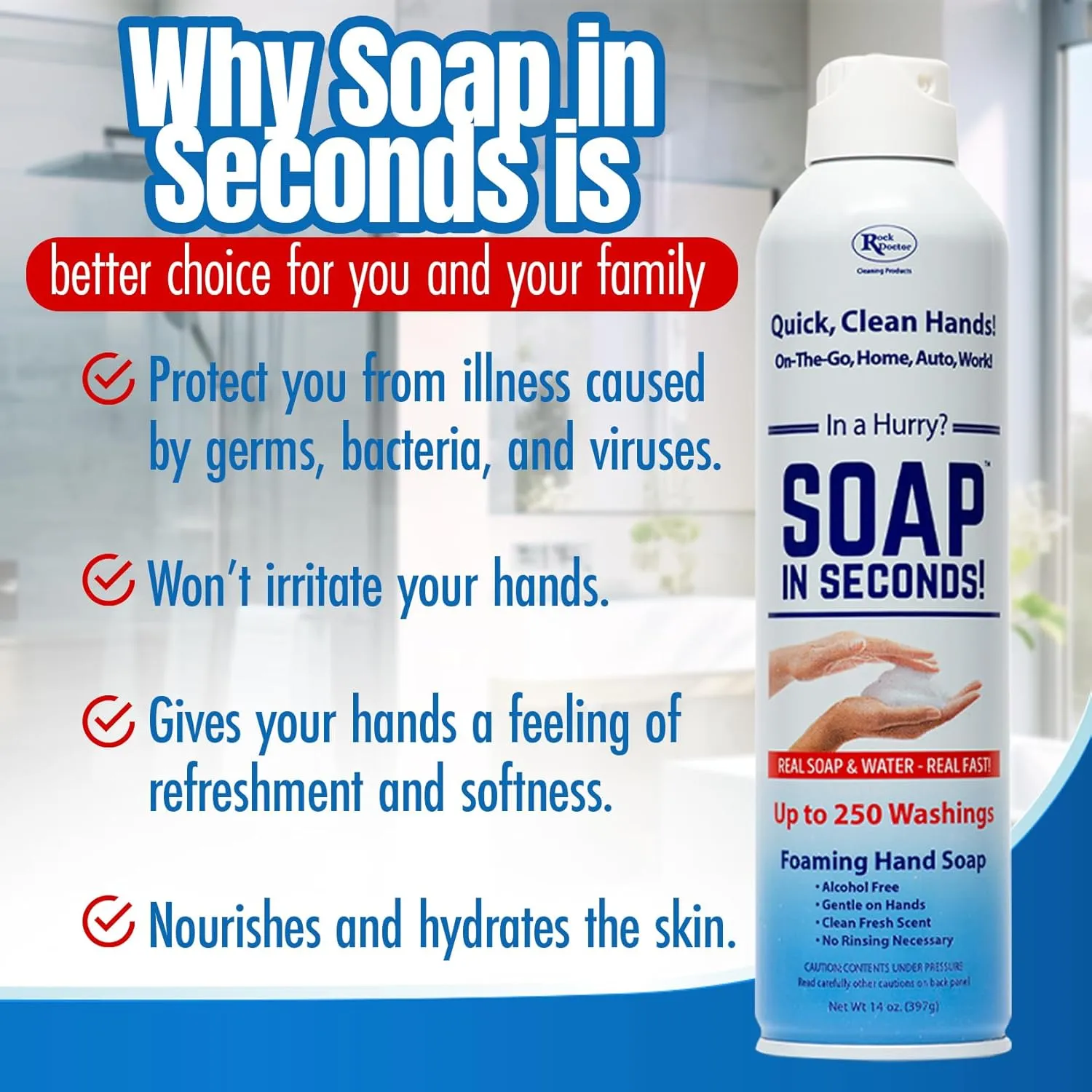 Rock Doctor Foaming Hand Soap In Seconds, 3 Pack, Spray Bottle Dispenser, Fresh Scent, No Rinse Alcohol Free Sanitizer, Gentle on Soft Skin, Home, Work, and School
