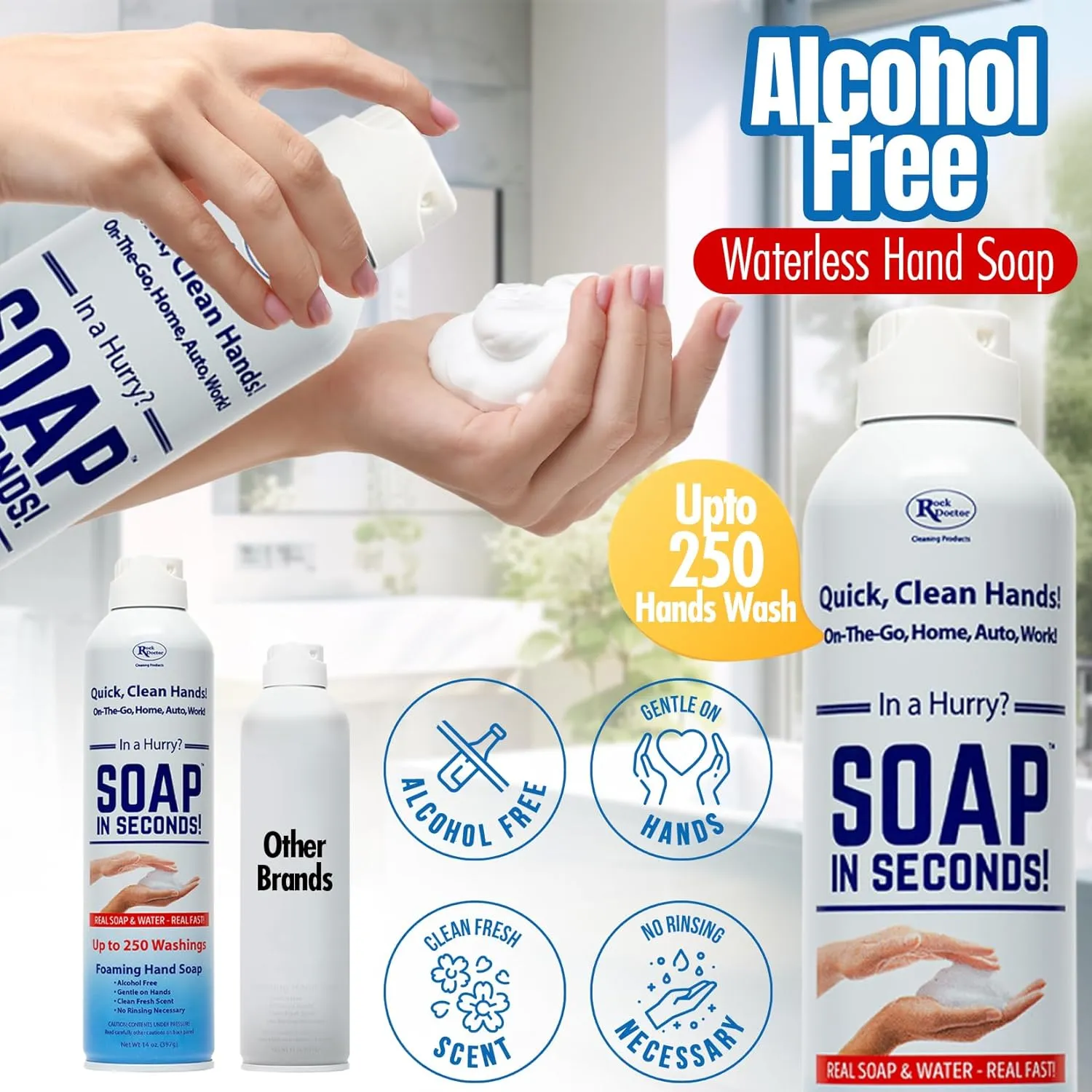 Rock Doctor Foaming Hand Soap In Seconds, 3 Pack, Spray Bottle Dispenser, Fresh Scent, No Rinse Alcohol Free Sanitizer, Gentle on Soft Skin, Home, Work, and School