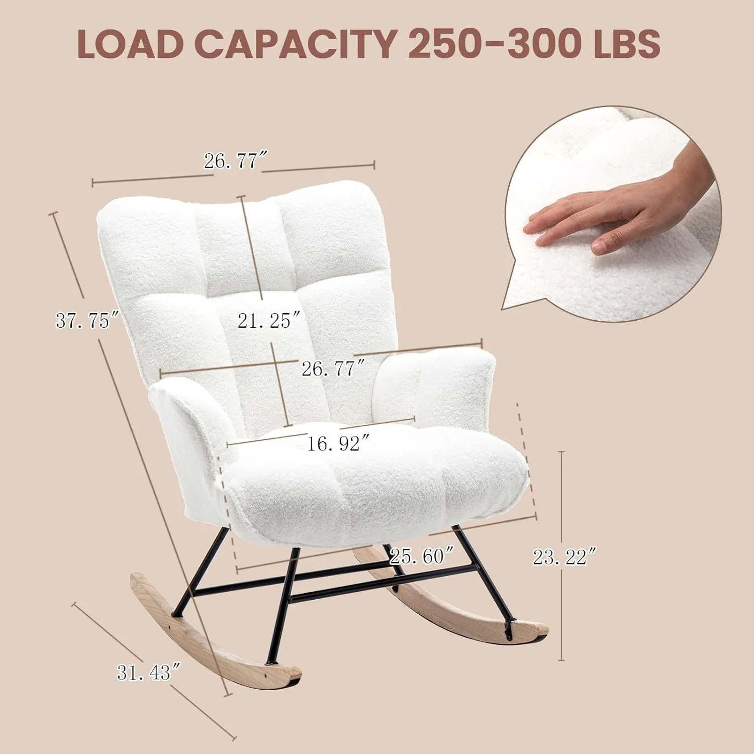 Rocking Chair Nursery Teddy, Upholstered Baby Fluffy Glider Rocker for Adults Small Spaces Indoor, Comfy Sherpa Compact Nursing Chairs for Living Room, Bedroom, Classroom, White