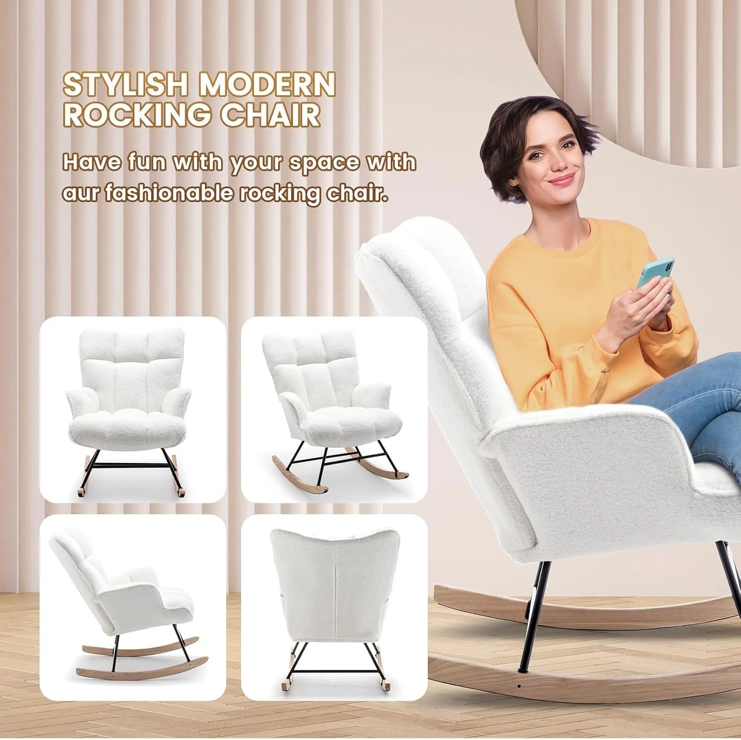 Rocking Chair Nursery Teddy, Upholstered Baby Fluffy Glider Rocker for Adults Small Spaces Indoor, Comfy Sherpa Compact Nursing Chairs for Living Room, Bedroom, Classroom, White