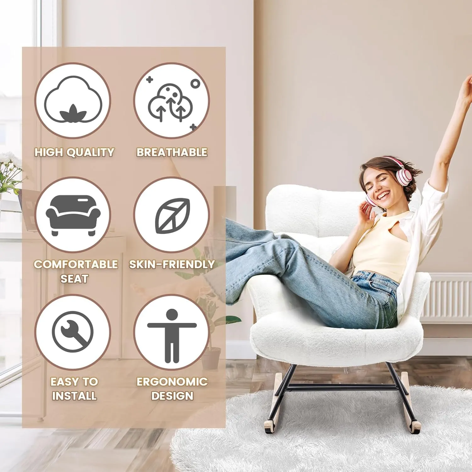 Rocking Chair Nursery Teddy, Upholstered Baby Fluffy Glider Rocker for Adults Small Spaces Indoor, Comfy Sherpa Compact Nursing Chairs for Living Room, Bedroom, Classroom, White