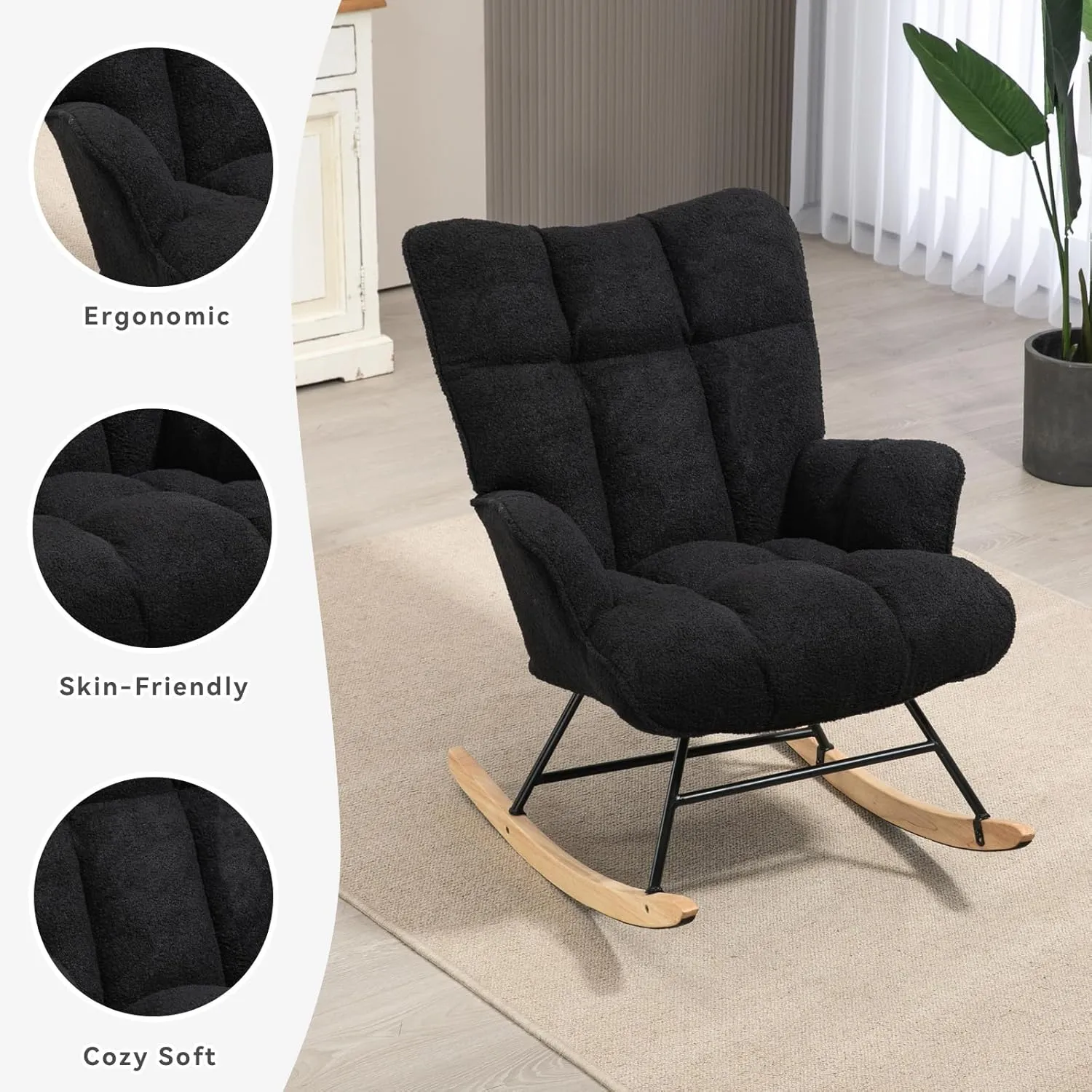 Rocking Chair Nursery Teddy, Upholstered Baby Fluffy Glider Rocker for Adults Small Spaces Indoor, Comfy Sherpa Compact Nursing Chairs for Living Room, Classroom, Bedroom, Black