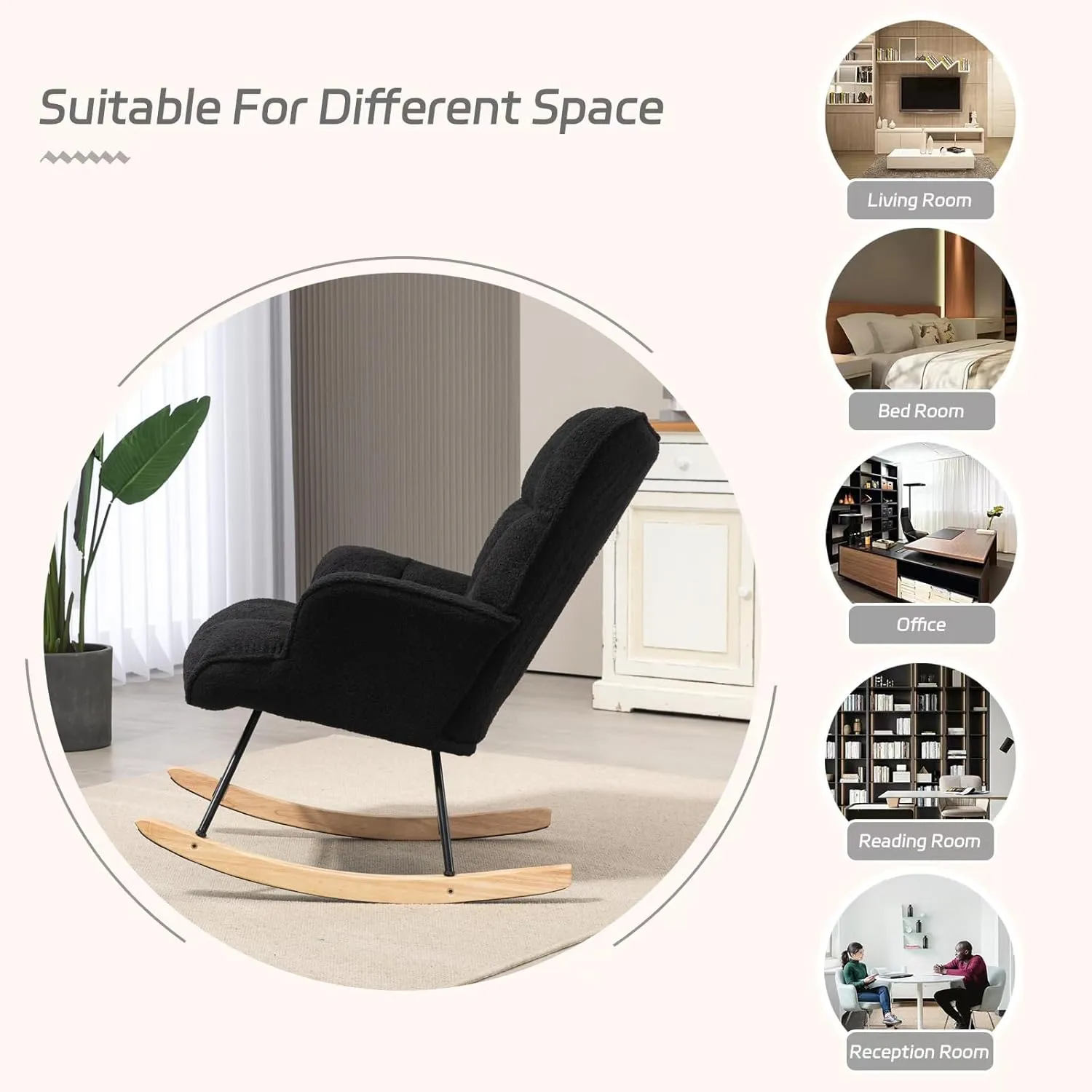 Rocking Chair Nursery Teddy, Upholstered Baby Fluffy Glider Rocker for Adults Small Spaces Indoor, Comfy Sherpa Compact Nursing Chairs for Living Room, Classroom, Bedroom, Black