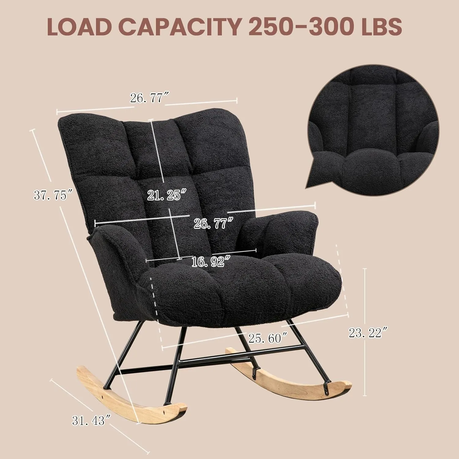Rocking Chair Nursery Teddy, Upholstered Baby Fluffy Glider Rocker for Adults Small Spaces Indoor, Comfy Sherpa Compact Nursing Chairs for Living Room, Classroom, Bedroom, Black
