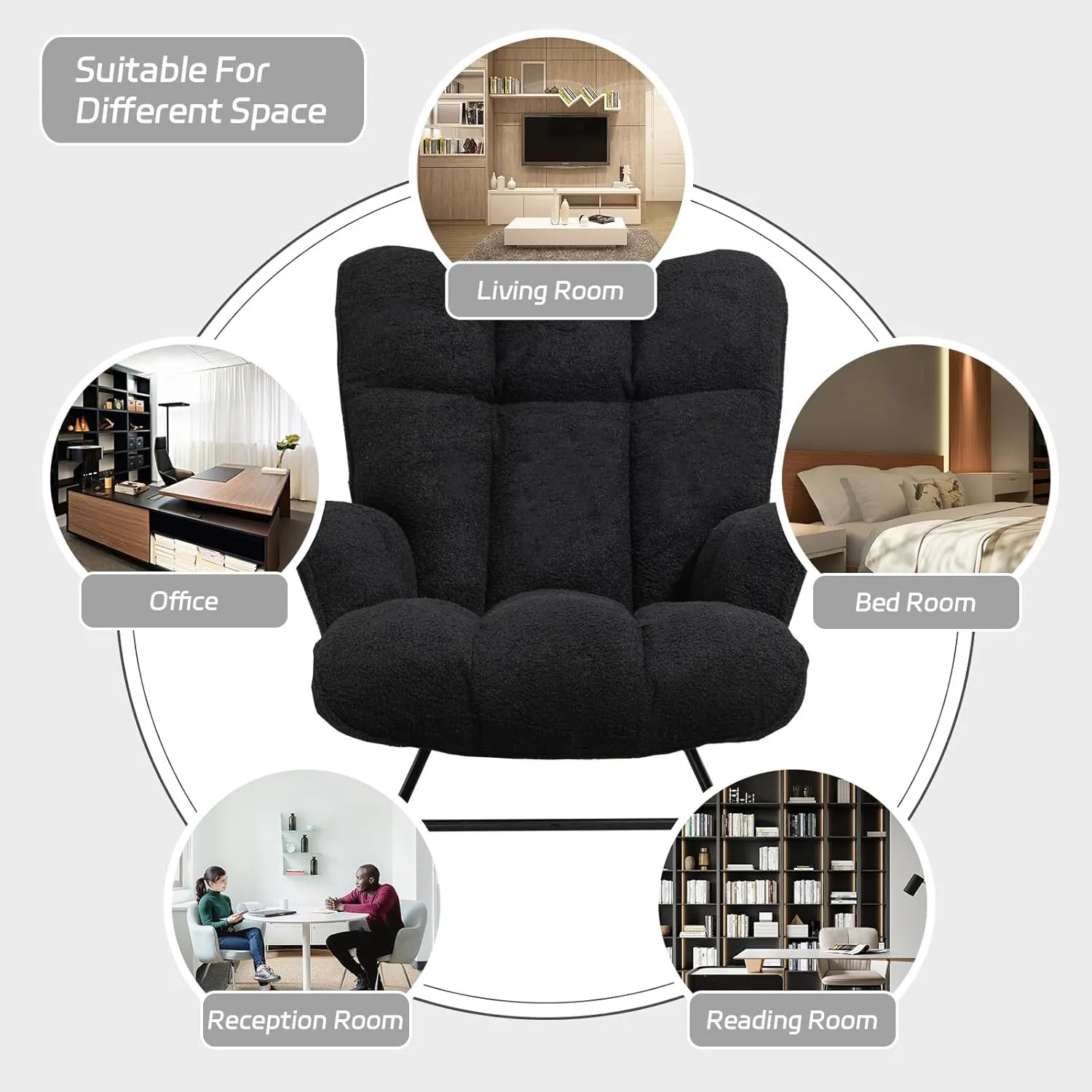 Rocking Chair Nursery Teddy, Upholstered Baby Fluffy Glider Rocker for Adults Small Spaces Indoor, Comfy Sherpa Compact Nursing Chairs for Living Room, Classroom, Bedroom, Black