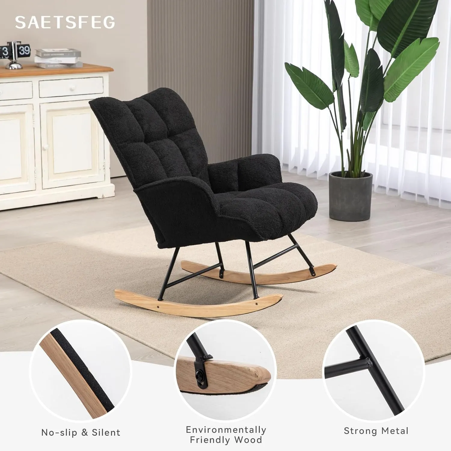 Rocking Chair Nursery Teddy, Upholstered Baby Fluffy Glider Rocker for Adults Small Spaces Indoor, Comfy Sherpa Compact Nursing Chairs for Living Room, Classroom, Bedroom, Black