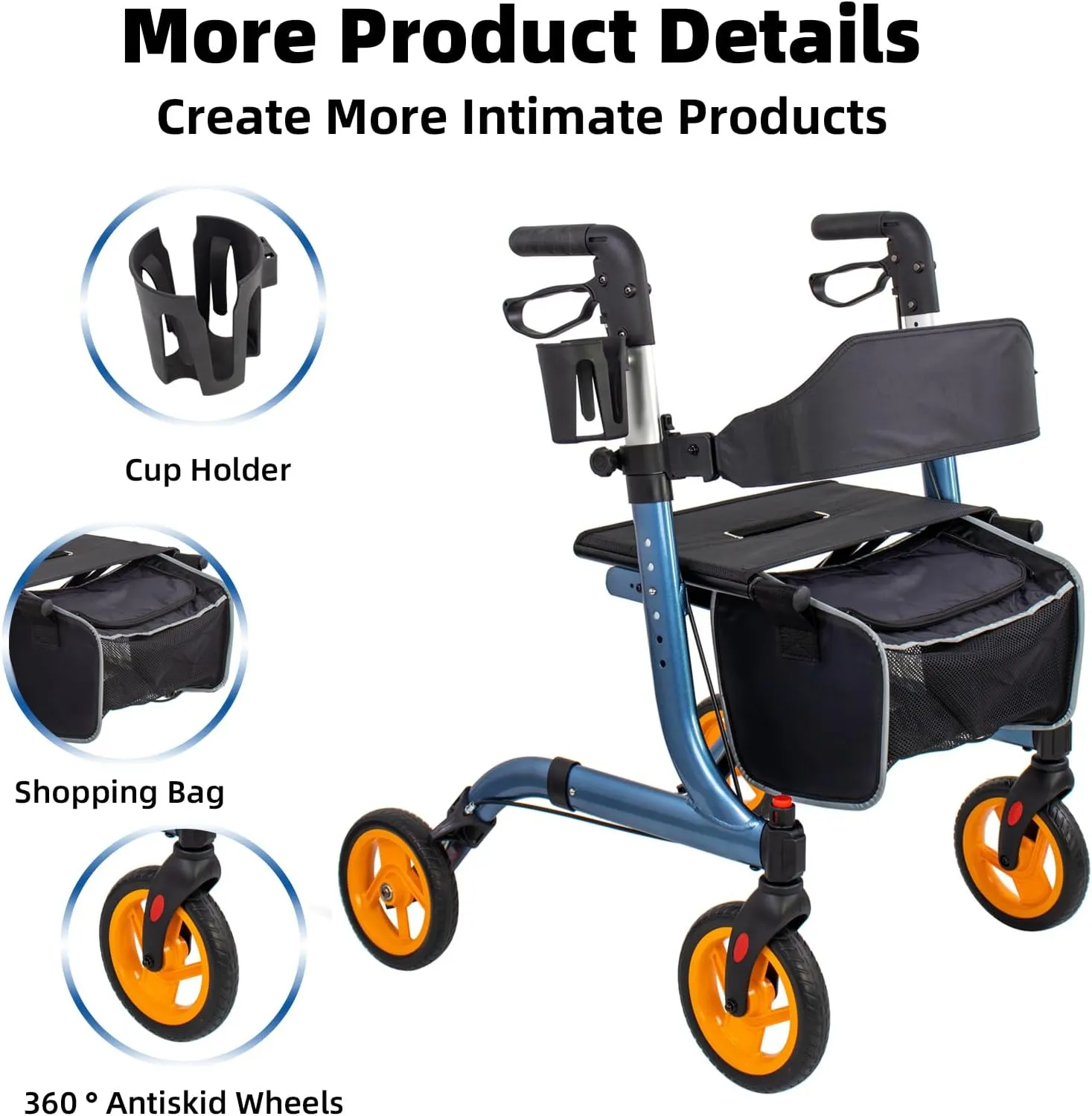 Rollator Walkers for Seniors- Rollator Walker 8" Wheels-with Cup Holder Easy Folding Senior Walker with Backrest- Lightweight Mobility Walking Aid for Adult Elderly, Aluminum Frame, Royal Blue