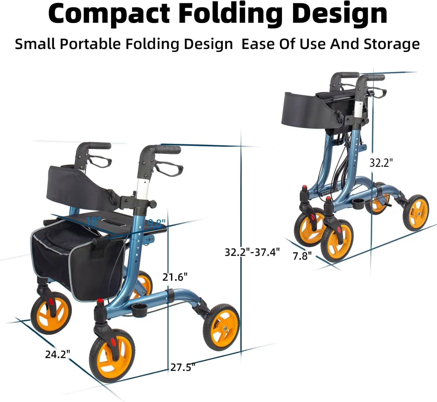 Rollator Walkers for Seniors- Rollator Walker 8" Wheels-with Cup Holder Easy Folding Senior Walker with Backrest- Lightweight Mobility Walking Aid for Adult Elderly, Aluminum Frame, Royal Blue