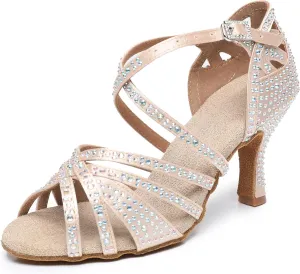 Rosefinch Women's Latin Dance Rhinestone Shoes - Soft Bottom Modern Pole Ballroom Wedding High Heel Adjustable for Girls Ladies