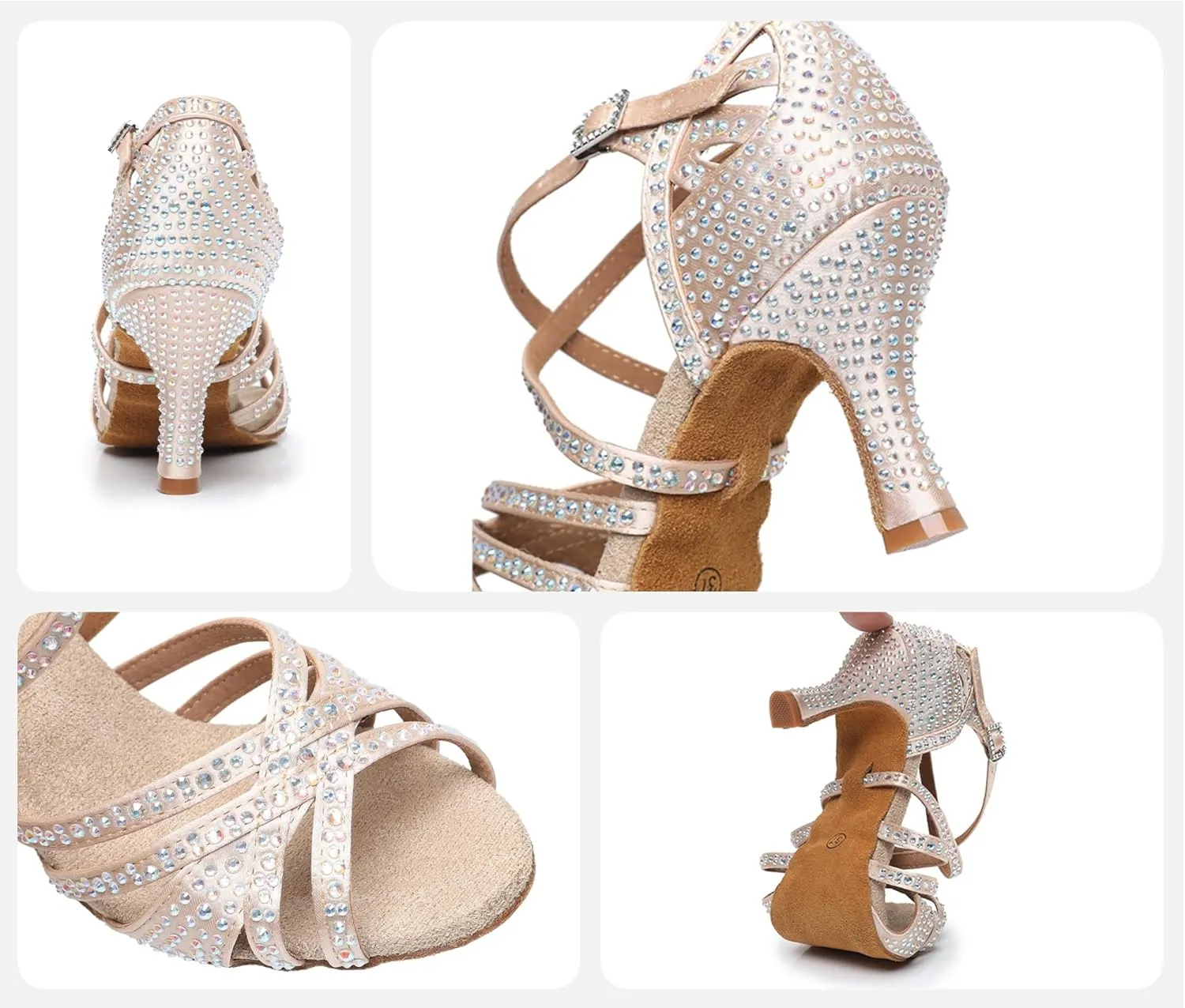 Rosefinch Women's Latin Dance Rhinestone Shoes - Soft Bottom Modern Pole Ballroom Wedding High Heel Adjustable for Girls Ladies