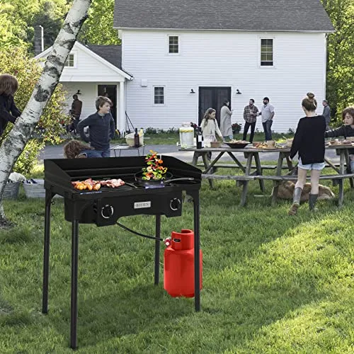 ROVSUN 2 Burner Outdoor Camping Stove with Wind Panel, 150,000 BTU Propane Burner, Gas Cooker with Detachable Legs & CSA Regulator for Home Camp Paito Cooking Frying Canning