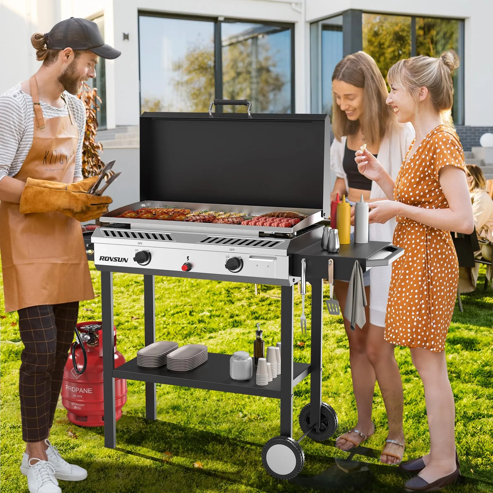 ROVSUN 2-in-1 150,000 BTU Gas Propane Stove & Griddle Combo with Side Shelves & Wheels