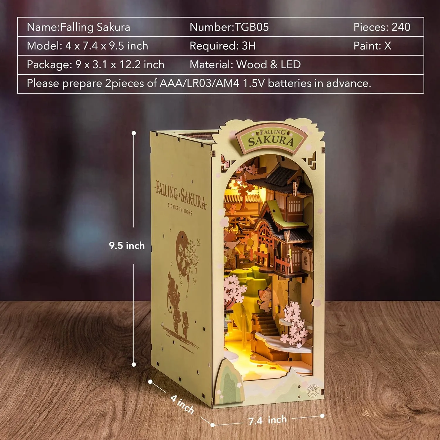 Rowood Book Nook Kits for Adults,3D Wooden Puzzle Bookend,Bookshelf Decor Insert Alley,DIY Miniature Booknook Model Craft Kits for Adults,Gifts with LED on Birthday Christmas(Falling Sakura)