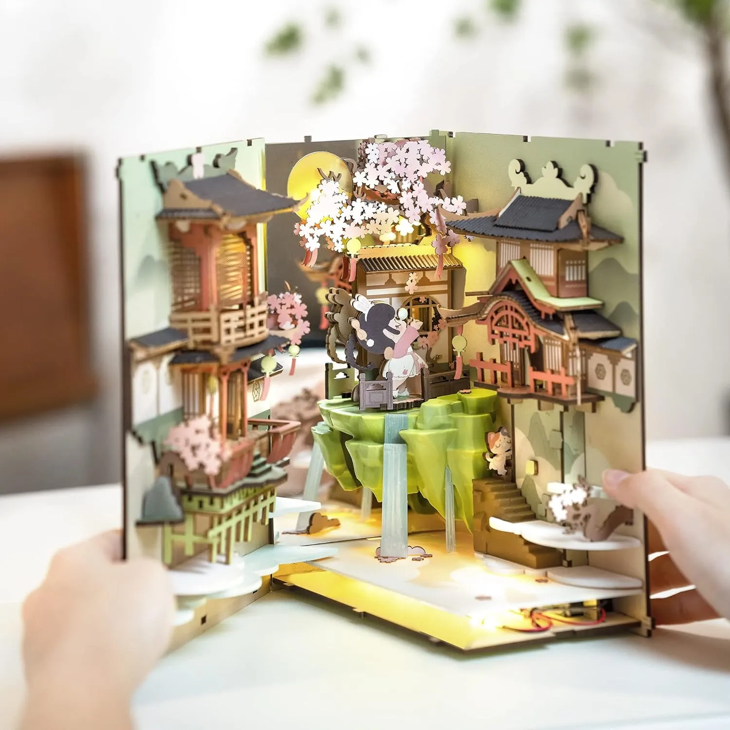 Rowood Book Nook Kits for Adults,3D Wooden Puzzle Bookend,Bookshelf Decor Insert Alley,DIY Miniature Booknook Model Craft Kits for Adults,Gifts with LED on Birthday Christmas(Falling Sakura)