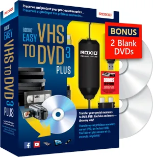 Roxio Easy VHS to DVD 3 Plus | VHS, Hi8, V8 Video to DVD or Digital Converter | Amazon Exclusive 2 Bonus DVDs [Windows Disc]