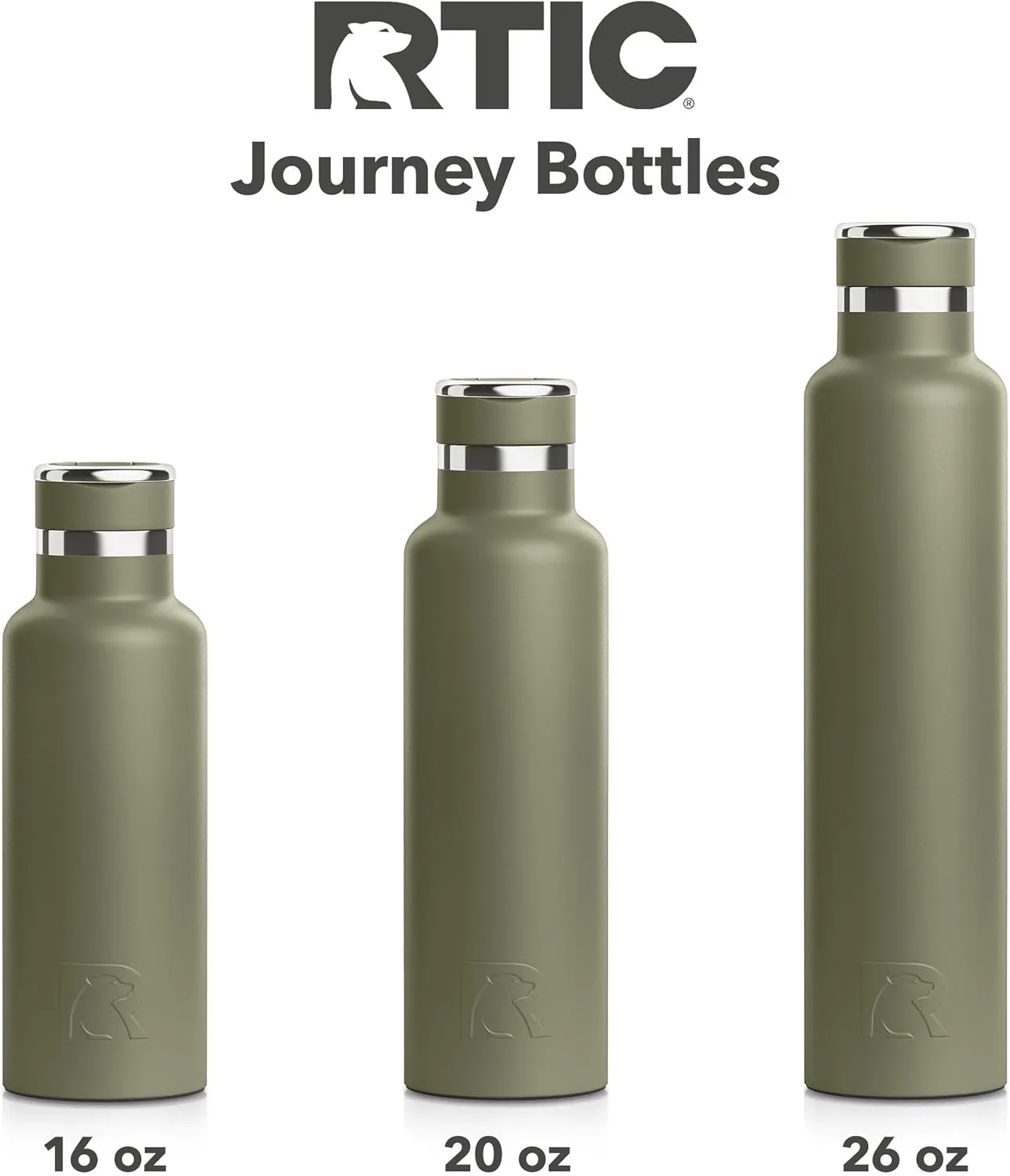 RTIC 16oz Journey Bottle Metal Stainless Steel Vacuum Insulated, BPA Free, Reusable, for Water, Hot and Cold Drinks, Travel, Sports, Camping, Olive