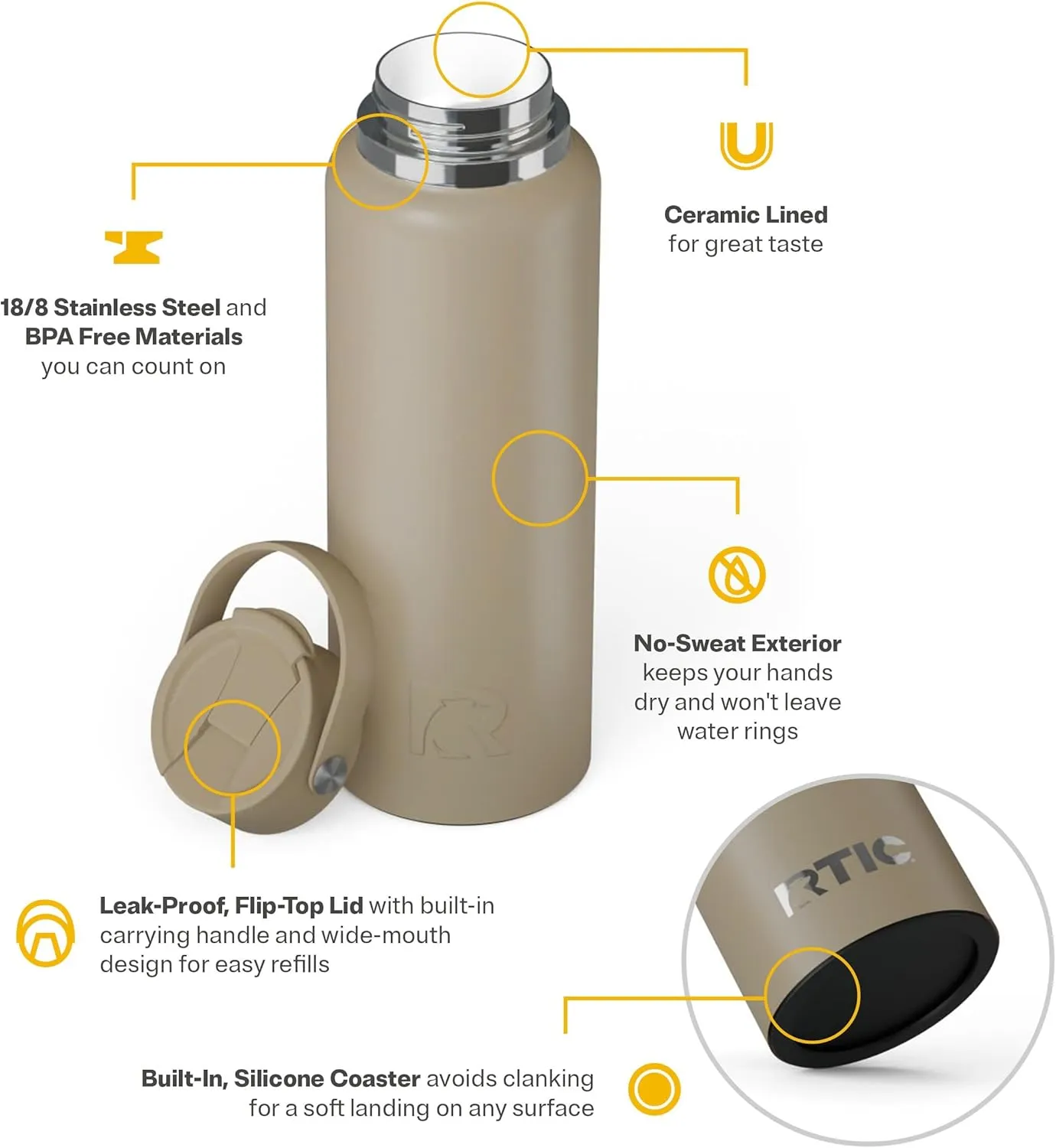 RTIC 40oz Outback Bottle, Insulated, Stainless Steel, Metal, Double Wall Vacuum-Insulation, Ceramic Lined, Leak-Proof Lid, BPA-Free Water Flask for Hiking, Running, Sports, Outdoor, Beach