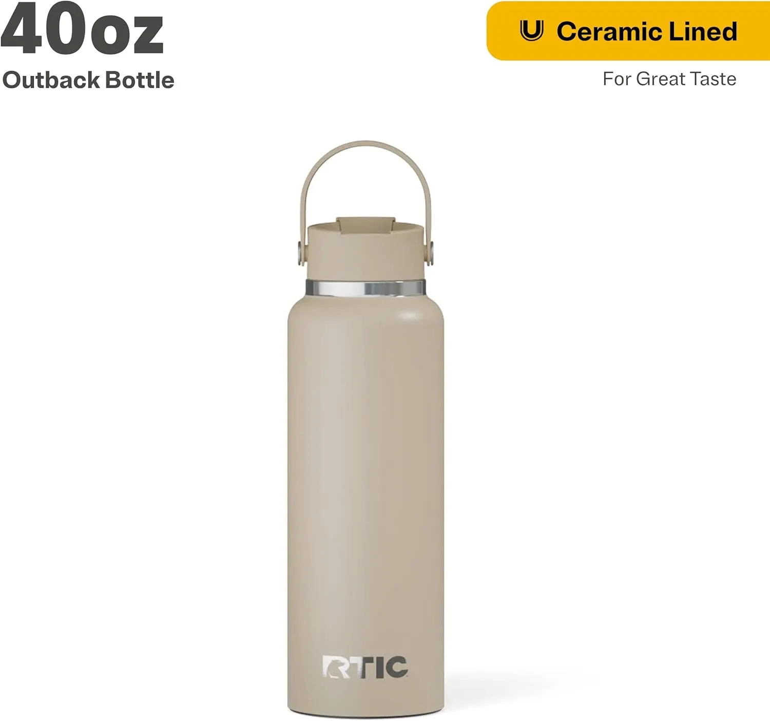 RTIC 40oz Outback Bottle, Insulated, Stainless Steel, Metal, Double Wall Vacuum-Insulation, Ceramic Lined, Leak-Proof Lid, BPA-Free Water Flask for Hiking, Running, Sports, Outdoor, Beach