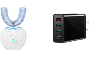 Sani White Ultrasonic Toothbrush, Ortho Sparkle Sonic Glow Brush, 360 Brite U-Shaped Adult Tooth Cleaner With 4-Port Ulti Charger and Quick Charge Fast Charging