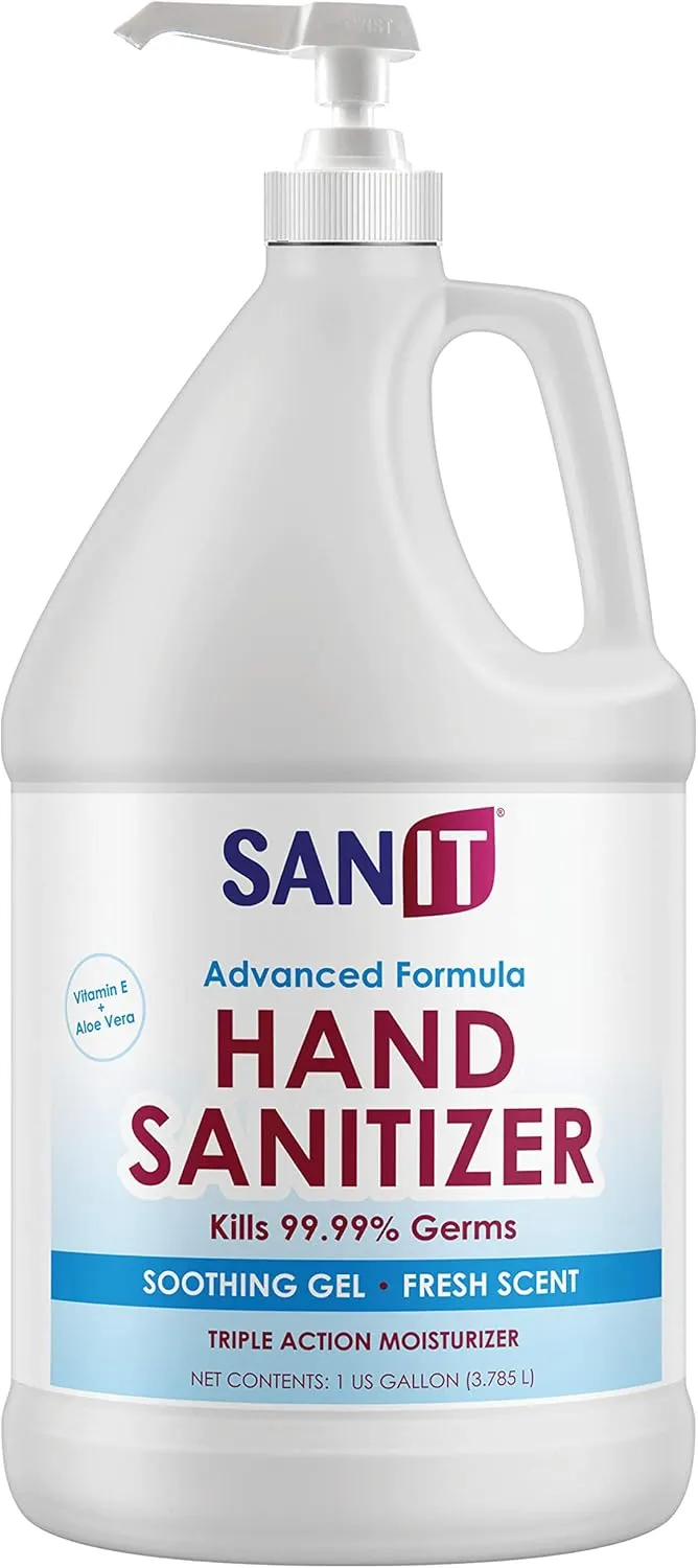 Sanit Moisturizing Hand Sanitizer Gel 70% Ethyl Alcohol - Kills 99.99% Germs, Advanced Formula with Vitamin E and Aloe Vera - Soothing Gel, Fresh Scent, Made in USA - 1 Gallon with Easy to Use Pump