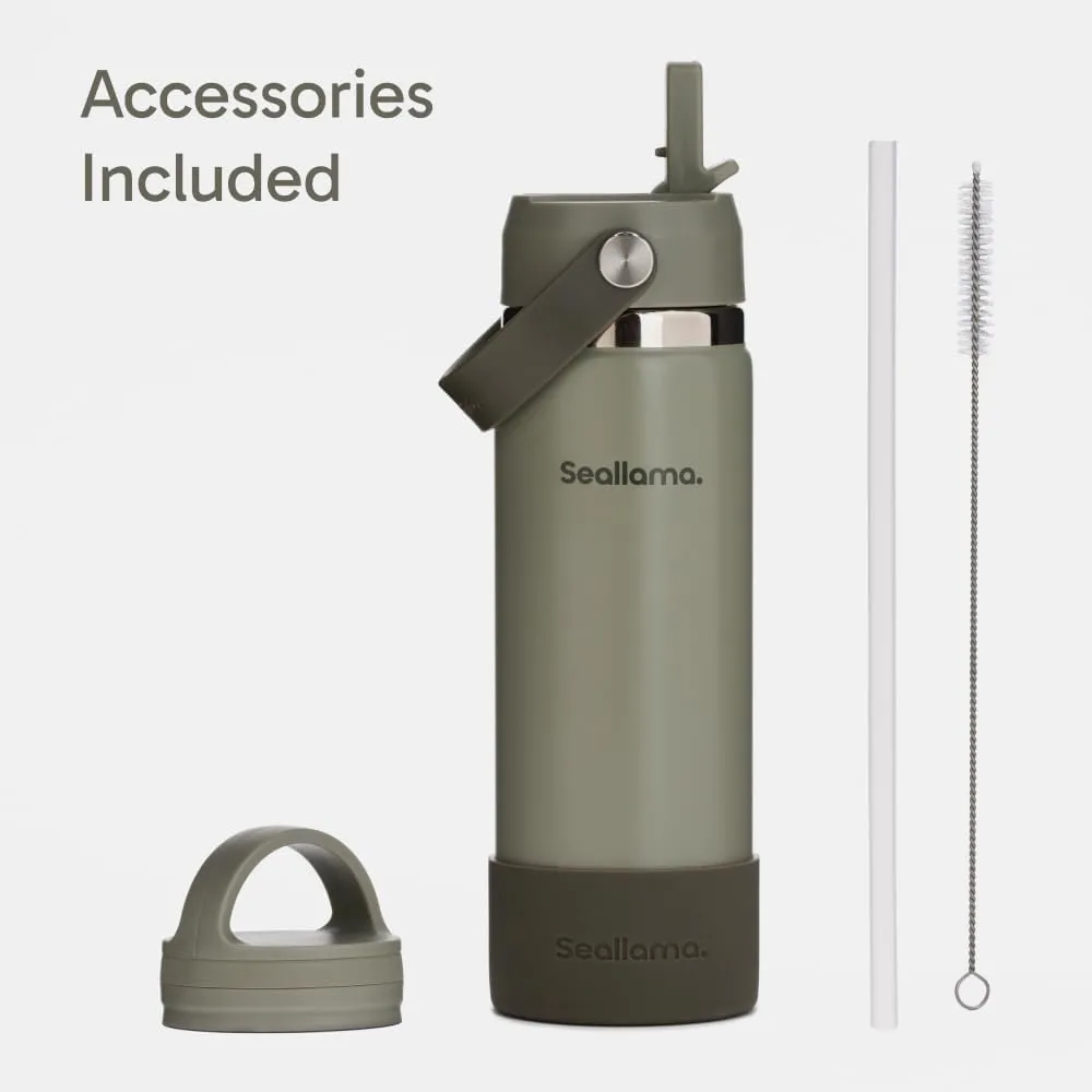 Seallama. Stainless Steel Wide Mouth Water Bottle - 2 Lids (Flex Straw Lid) and Double-Wall Vacuum Insulation - Leak Proof, BPA-Free, for Travel, Sports, School, and Car (Forest Green, 21 oz)