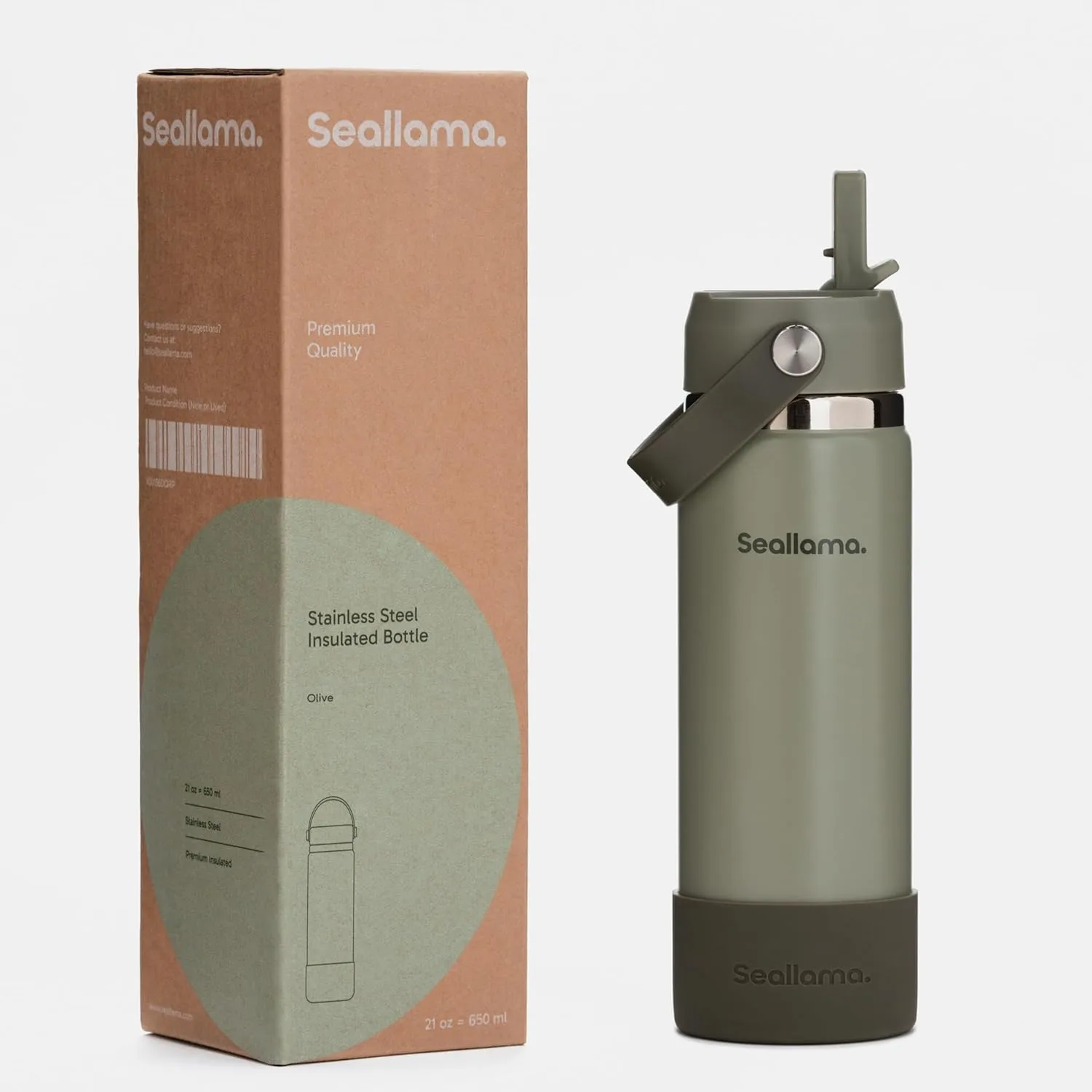 Seallama. Stainless Steel Wide Mouth Water Bottle - 2 Lids (Flex Straw Lid) and Double-Wall Vacuum Insulation - Leak Proof, BPA-Free, for Travel, Sports, School, and Car (Forest Green, 21 oz)
