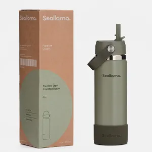 Seallama. Stainless Steel Wide Mouth Water Bottle - 2 Lids (Flex Straw Lid) and Double-Wall Vacuum Insulation - Leak Proof, BPA-Free, for Travel, Sports, School, and Car (Forest Green, 21 oz)