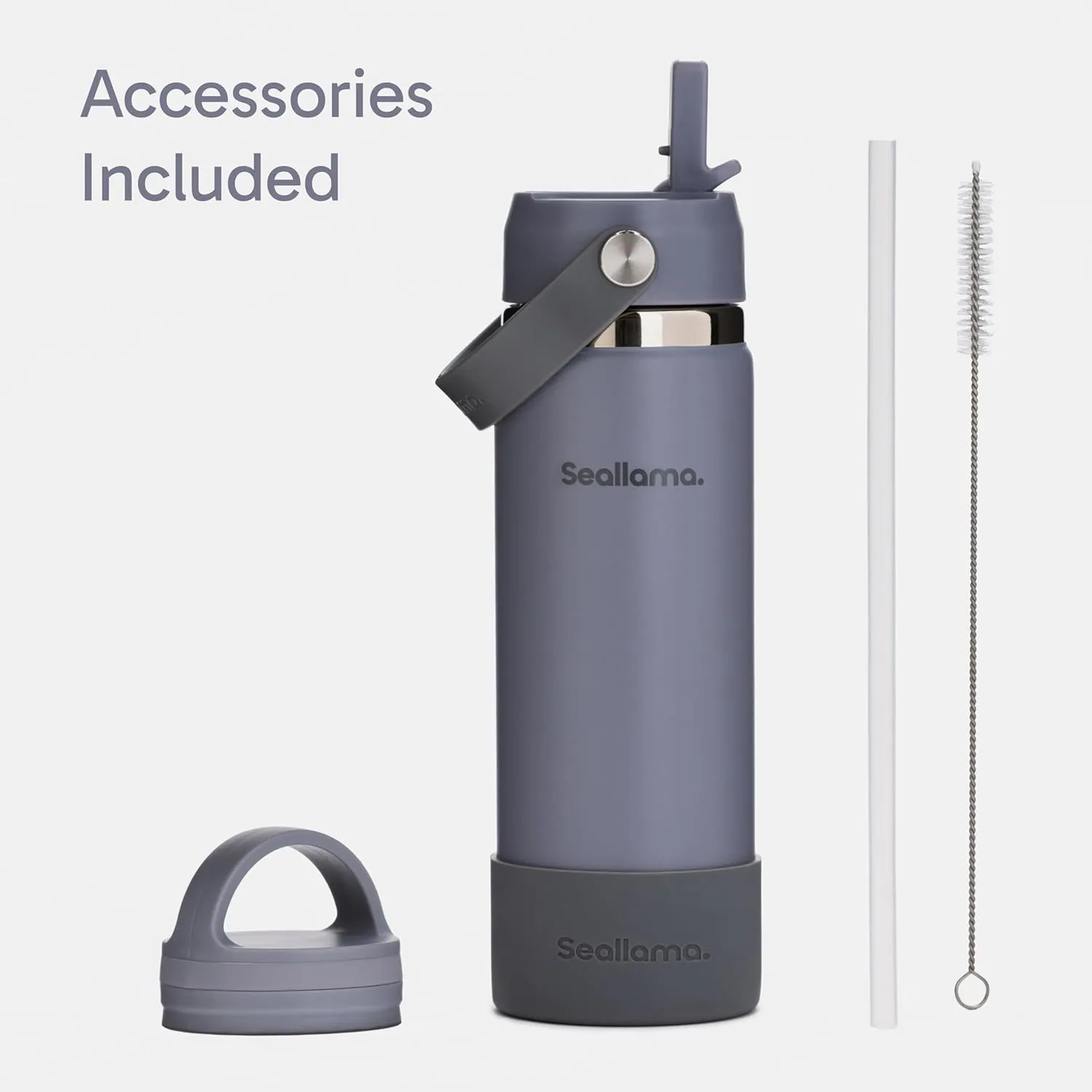 Seallama. Stainless Steel Wide Mouth Water Bottle - 2 Lids (Flex Straw Lid) and Double-Wall Vacuum Insulation - Leak Proof, BPA-Free, for Travel, Sports, School, and Car (Stormy Granite, 21 oz)