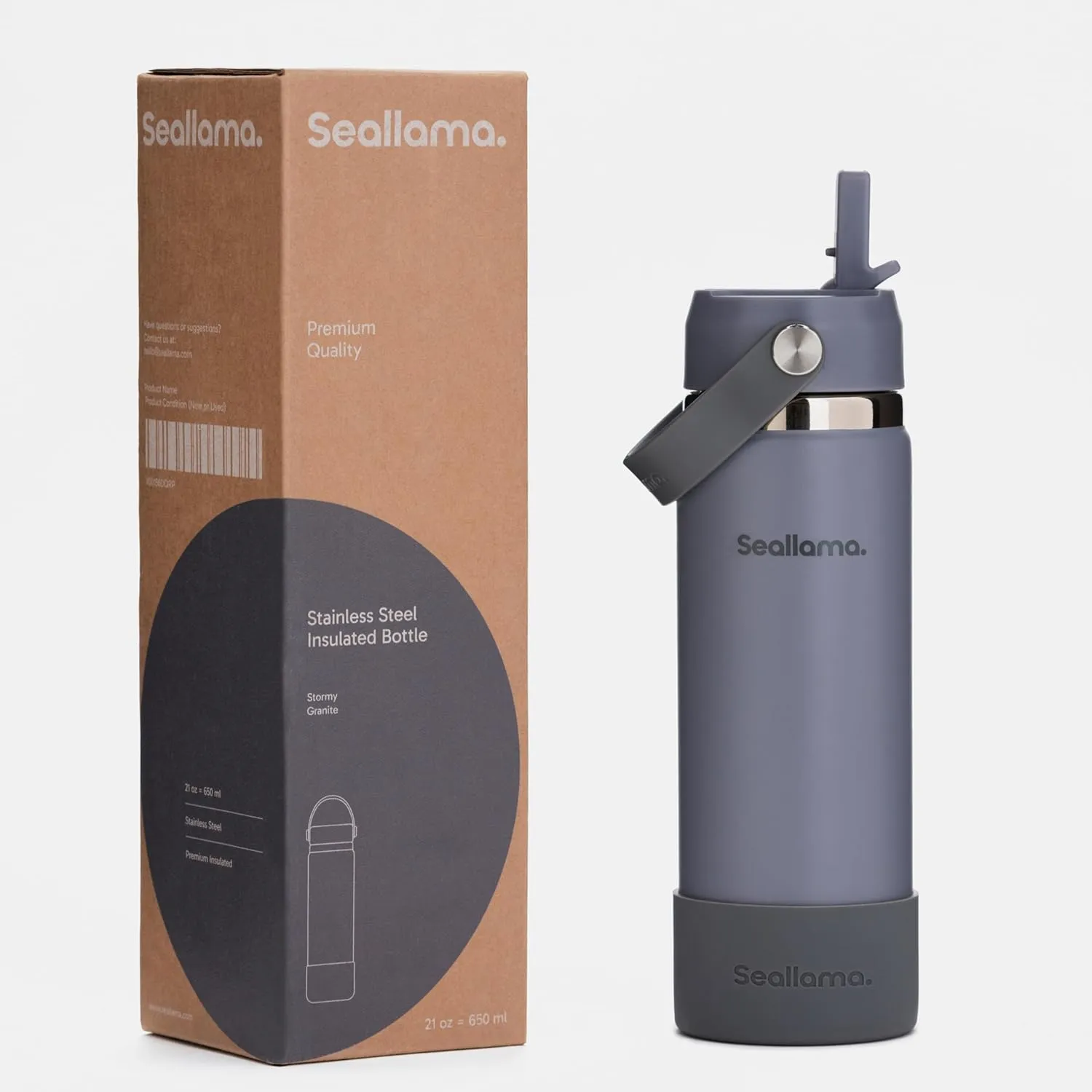 Seallama. Stainless Steel Wide Mouth Water Bottle - 2 Lids (Flex Straw Lid) and Double-Wall Vacuum Insulation - Leak Proof, BPA-Free, for Travel, Sports, School, and Car (Stormy Granite, 21 oz)