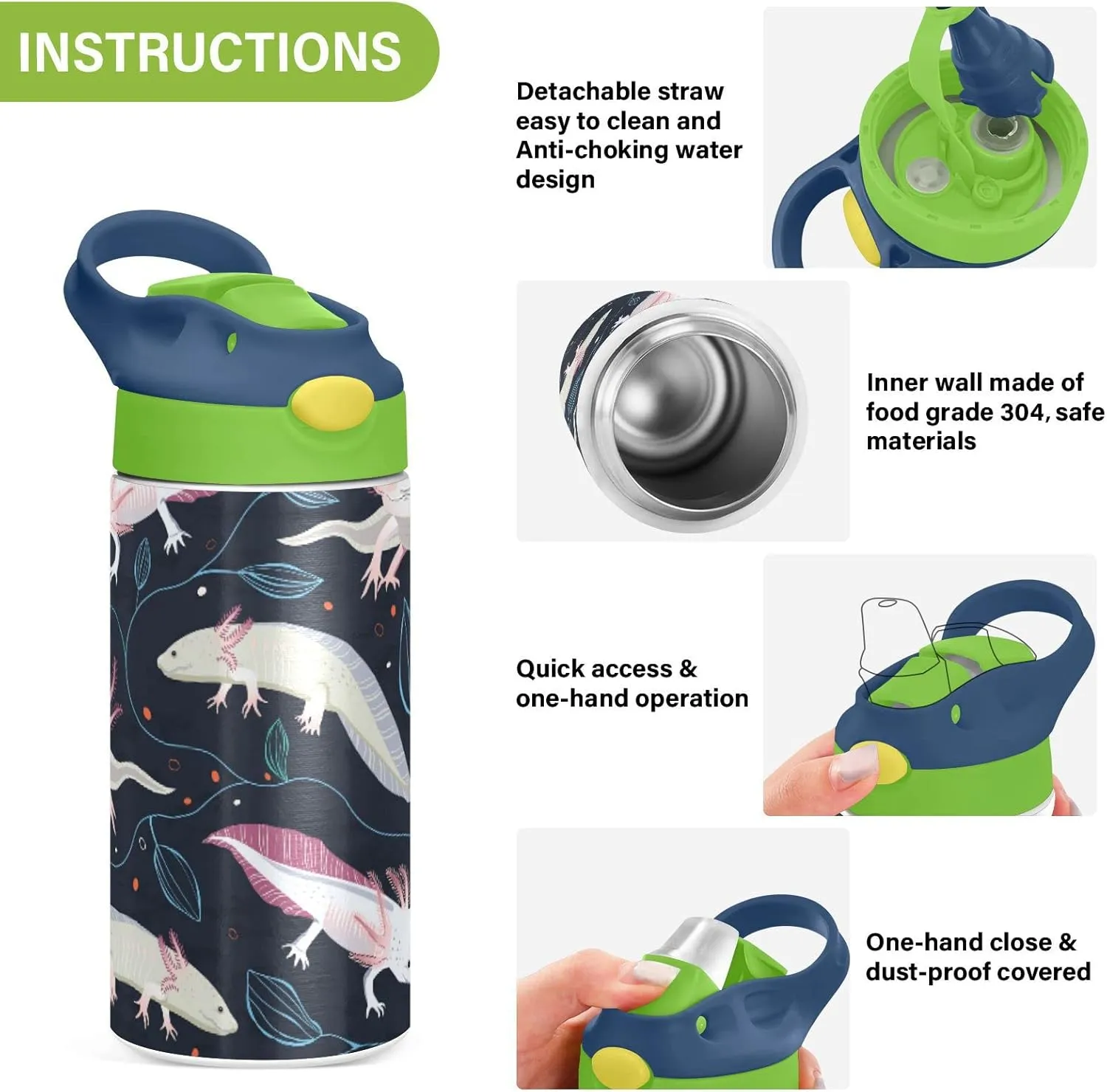 Seamless Pink White Swimming Axolotls, Blue Algae Leaves on Dark Tumbler with Lid & Straw, Boys Girls Stainless Steel Double Wall Cup Water Bottle BPA-Free Vacuum Insulated Thermal Mug 11.8 Oz