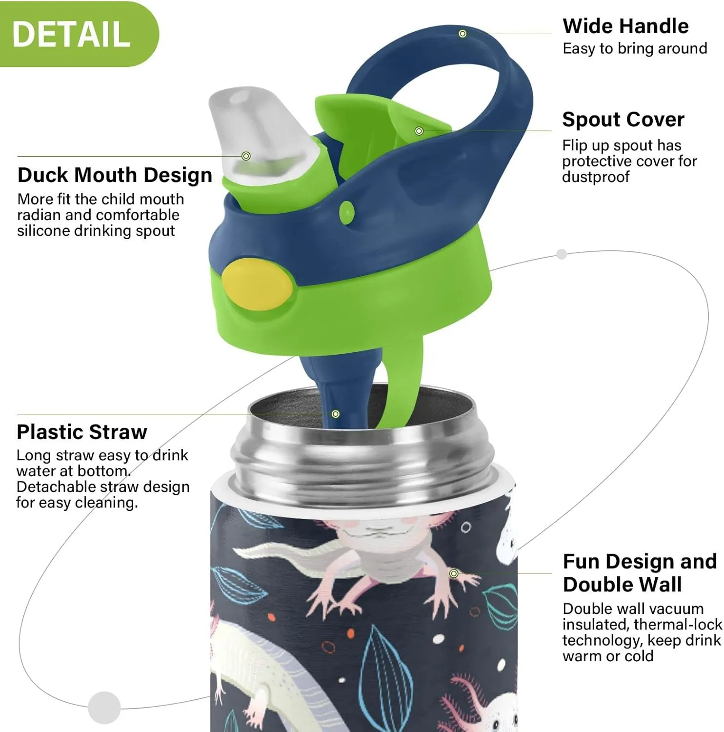 Seamless Pink White Swimming Axolotls, Blue Algae Leaves on Dark Tumbler with Lid & Straw, Boys Girls Stainless Steel Double Wall Cup Water Bottle BPA-Free Vacuum Insulated Thermal Mug 11.8 Oz