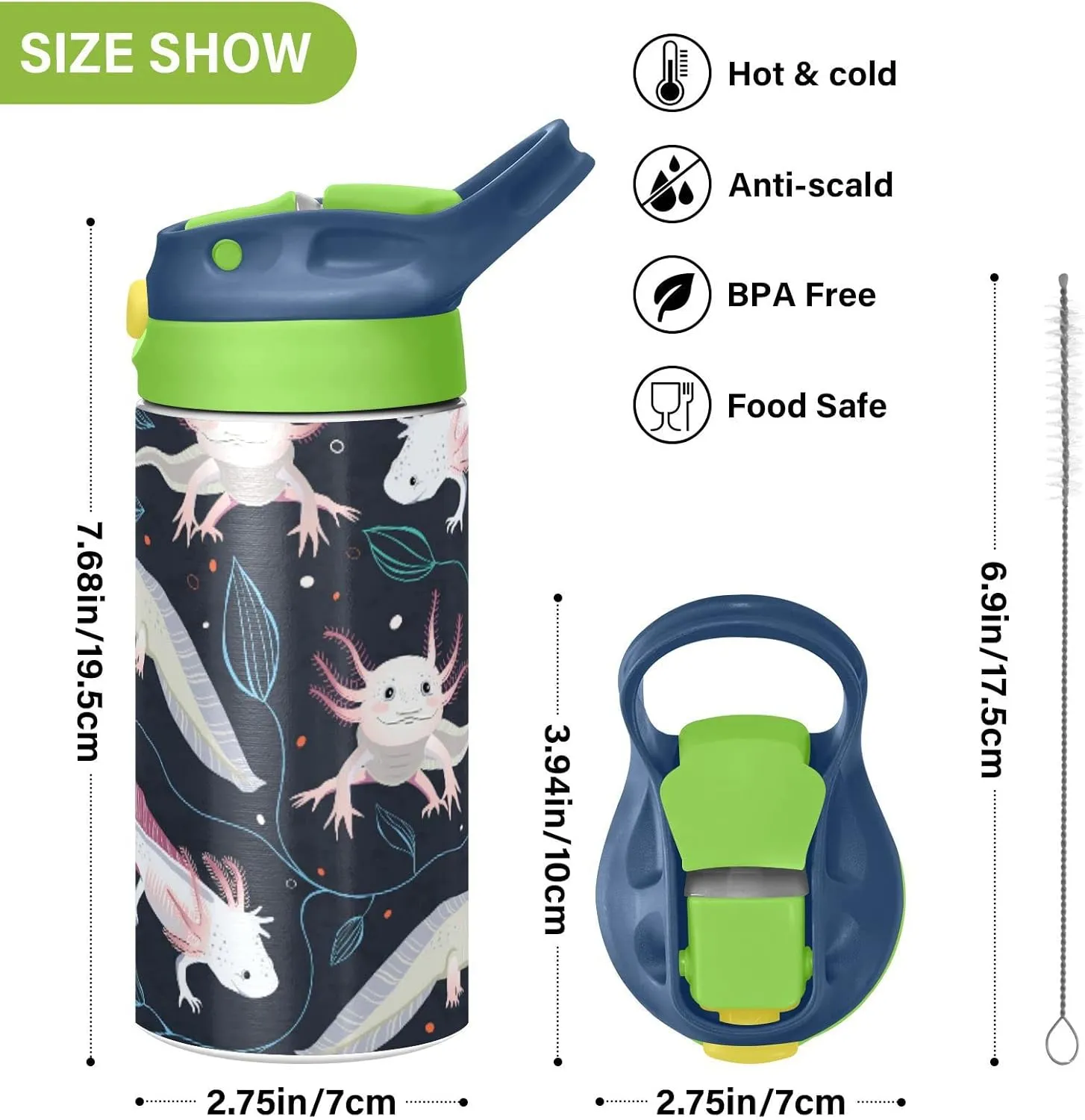 Seamless Pink White Swimming Axolotls, Blue Algae Leaves on Dark Tumbler with Lid & Straw, Boys Girls Stainless Steel Double Wall Cup Water Bottle BPA-Free Vacuum Insulated Thermal Mug 11.8 Oz