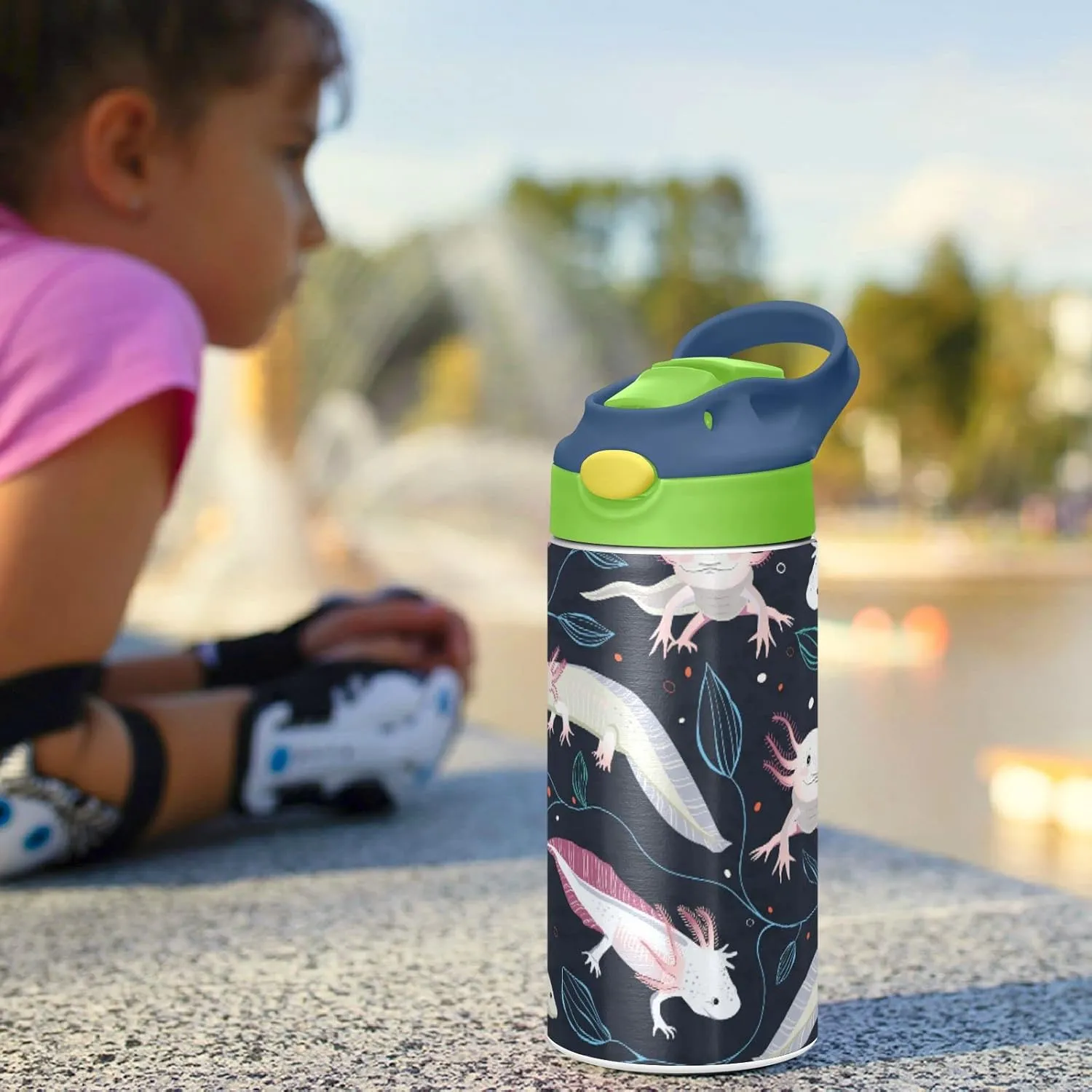 Seamless Pink White Swimming Axolotls, Blue Algae Leaves on Dark Tumbler with Lid & Straw, Boys Girls Stainless Steel Double Wall Cup Water Bottle BPA-Free Vacuum Insulated Thermal Mug 11.8 Oz