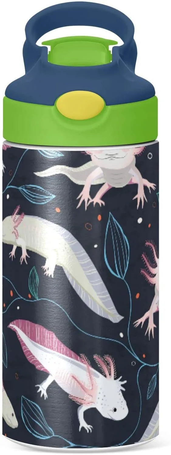 Seamless Pink White Swimming Axolotls, Blue Algae Leaves on Dark Tumbler with Lid & Straw, Boys Girls Stainless Steel Double Wall Cup Water Bottle BPA-Free Vacuum Insulated Thermal Mug 11.8 Oz
