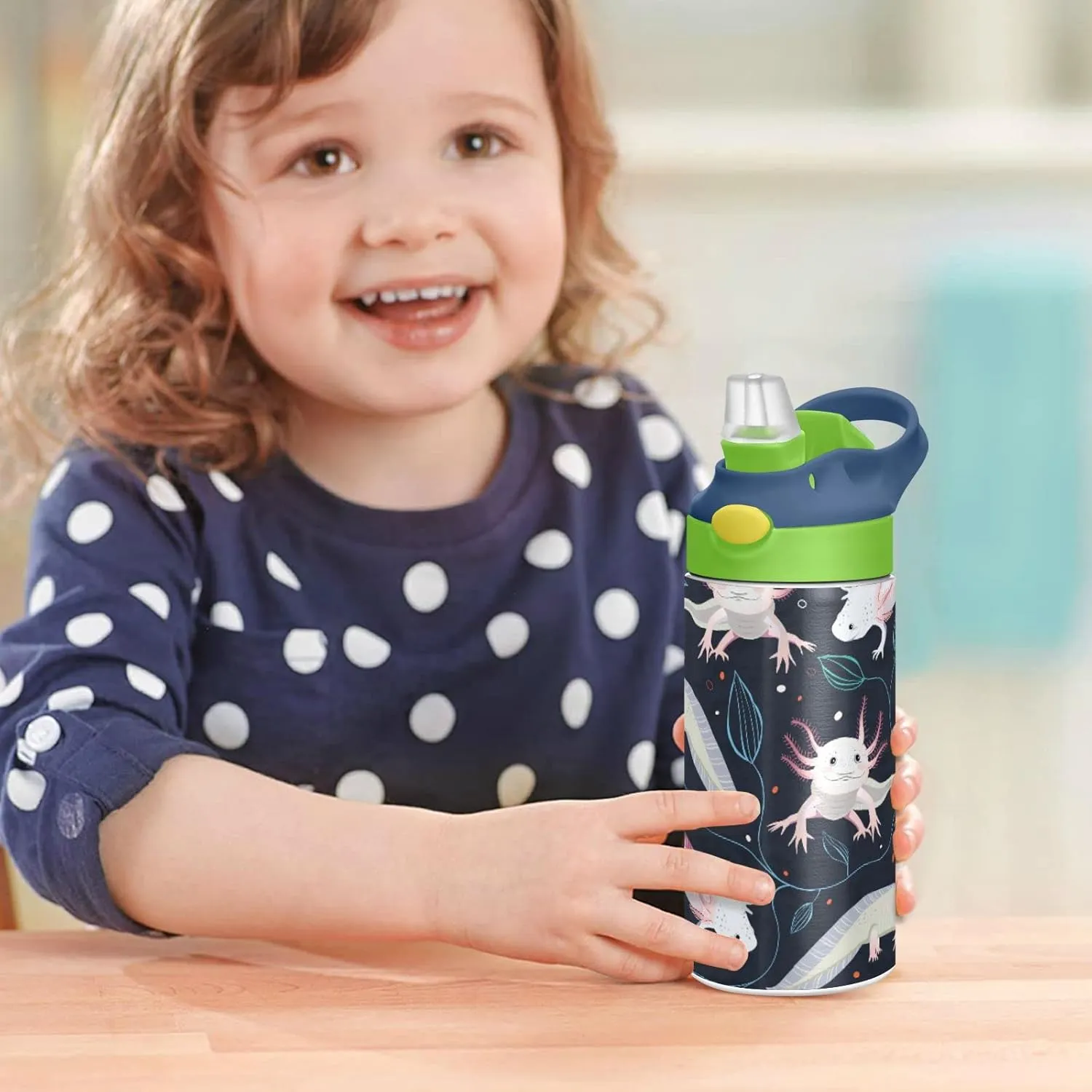 Seamless Pink White Swimming Axolotls, Blue Algae Leaves on Dark Tumbler with Lid & Straw, Boys Girls Stainless Steel Double Wall Cup Water Bottle BPA-Free Vacuum Insulated Thermal Mug 11.8 Oz