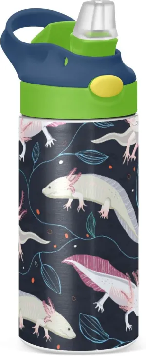 Seamless Pink White Swimming Axolotls, Blue Algae Leaves on Dark Tumbler with Lid & Straw, Boys Girls Stainless Steel Double Wall Cup Water Bottle BPA-Free Vacuum Insulated Thermal Mug 11.8 Oz