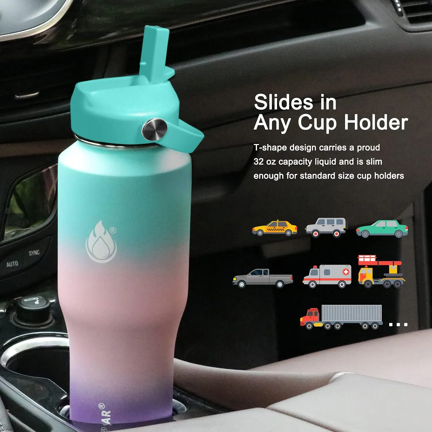SENDESTAR 32oz Water Bottle Wide Mouth Stainless Steel Vacuum Insulated Double Wall with 2 Straw Lids Fit in Any Car Cup Holder TXIN-32-HG-1