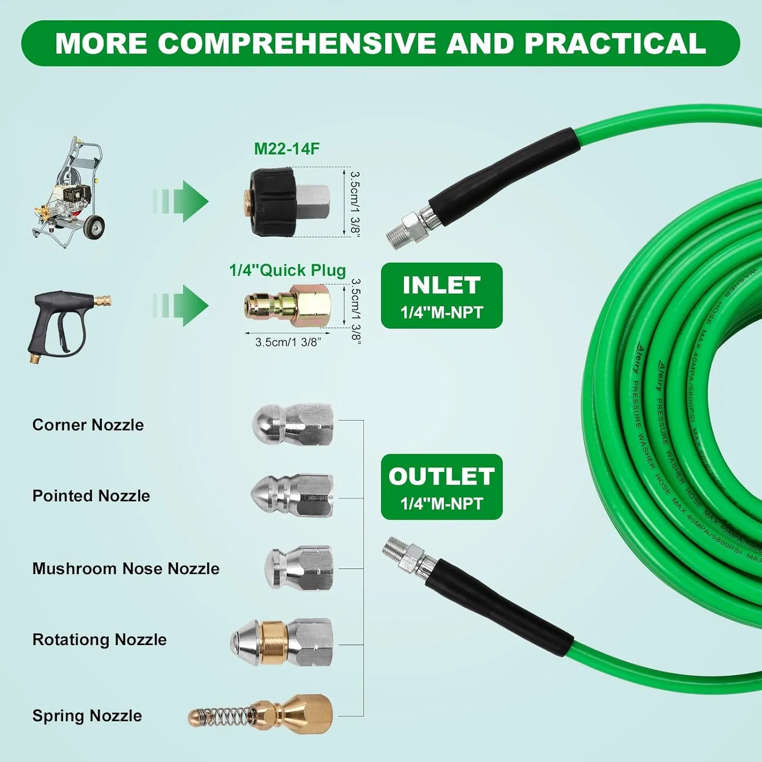 Sewer Jetter Kit for Pressure Washer,Water Jet Drain Cleaning Hose with Corner Rotating Button Spring Nose 1/4" NPT Sewer Cleaning Tool High-Pressure Nozzles,5800 PSI 50 FT
